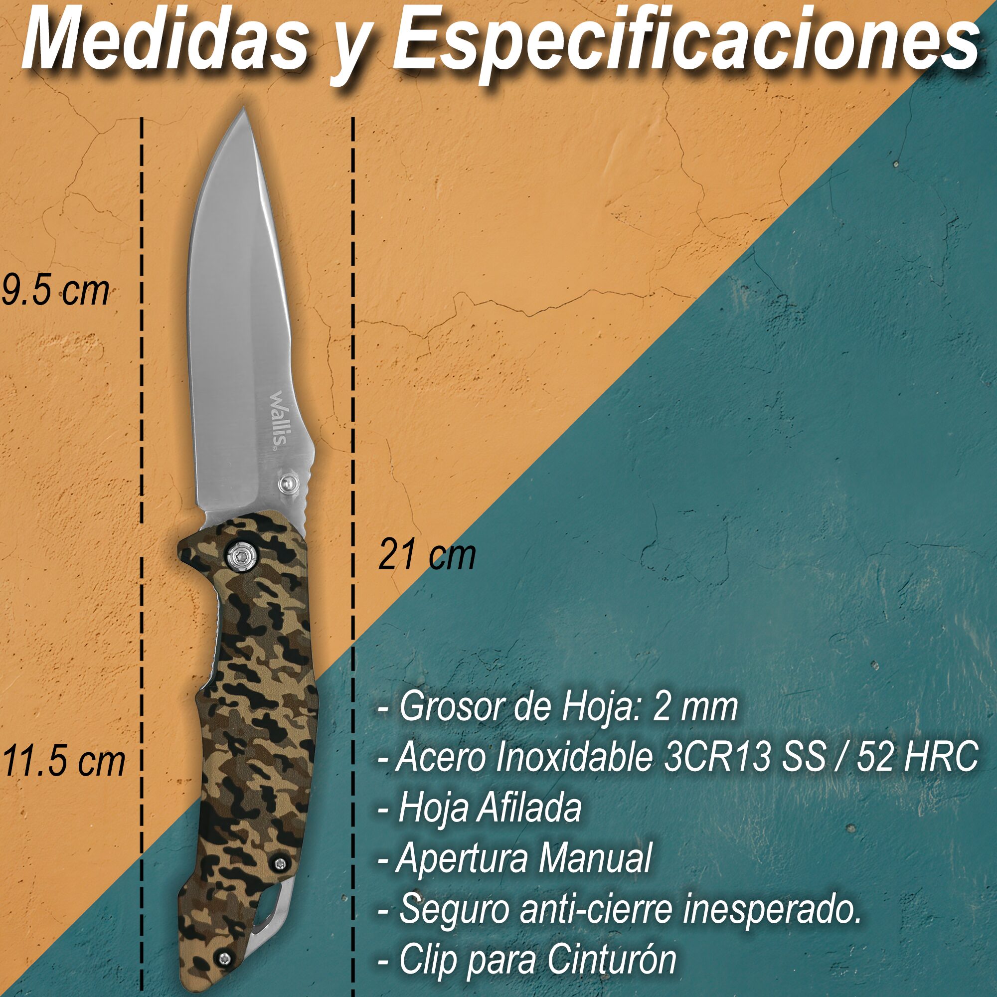 Navaja Tactica Camuflaje Uso Rudo Wallis con hoja de acero inoxidable y clip para cinturón resistente Navaja Tactica Camuflaje Uso Rudo marca Wallis modelo K901399 con apertura manual y seguro anti cierre