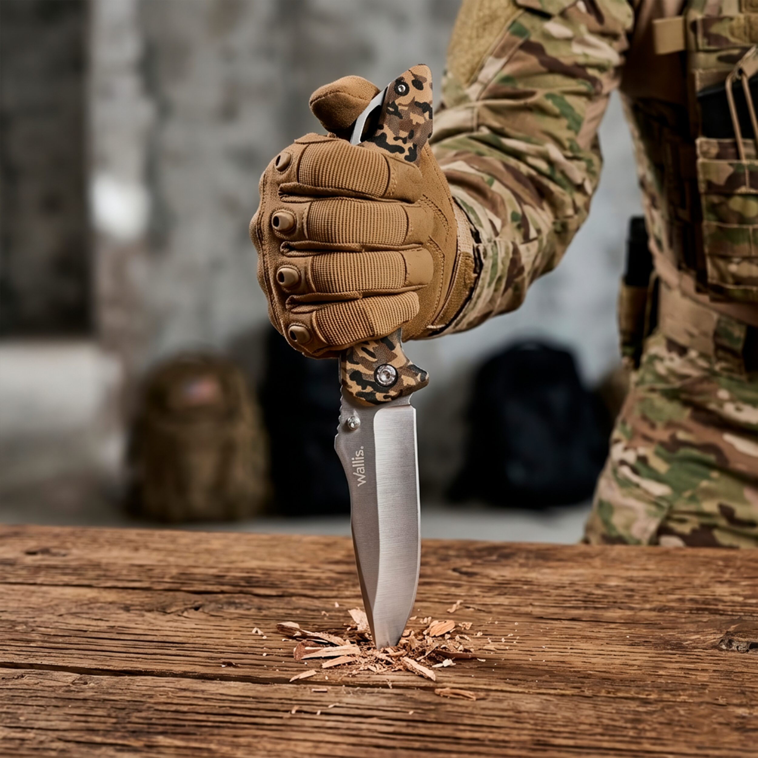 Navaja Tactica Camuflaje Uso Rudo Wallis con hoja de acero inoxidable y clip para cinturón resistente Navaja Tactica Camuflaje Uso Rudo marca Wallis modelo K901399 con apertura manual y seguro anti cierre