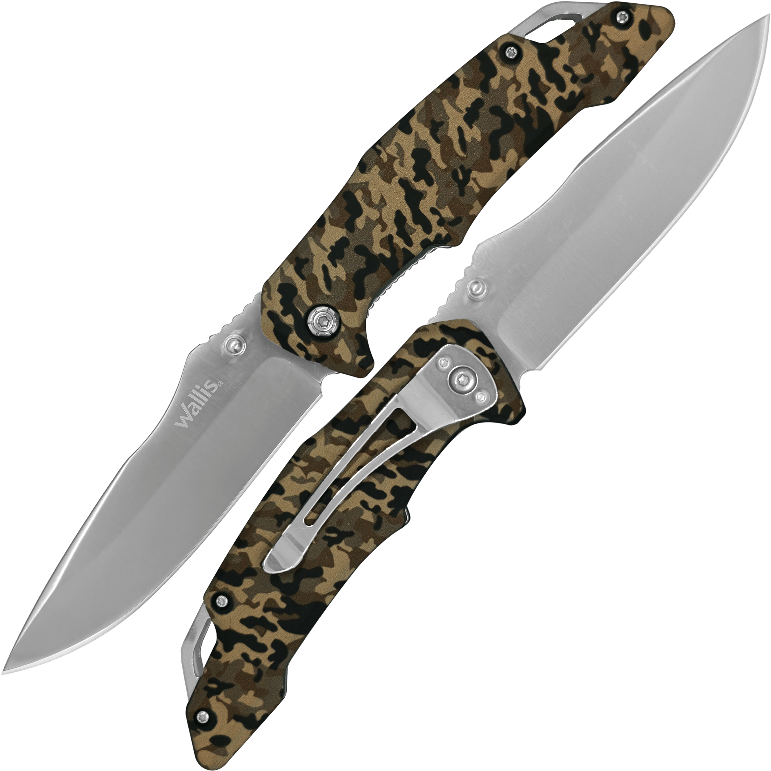 Navaja Tactica Camuflaje Uso Rudo Wallis con hoja de acero inoxidable y clip para cinturón resistente Navaja Tactica Camuflaje Uso Rudo marca Wallis modelo K901399 con apertura manual y seguro anti cierre