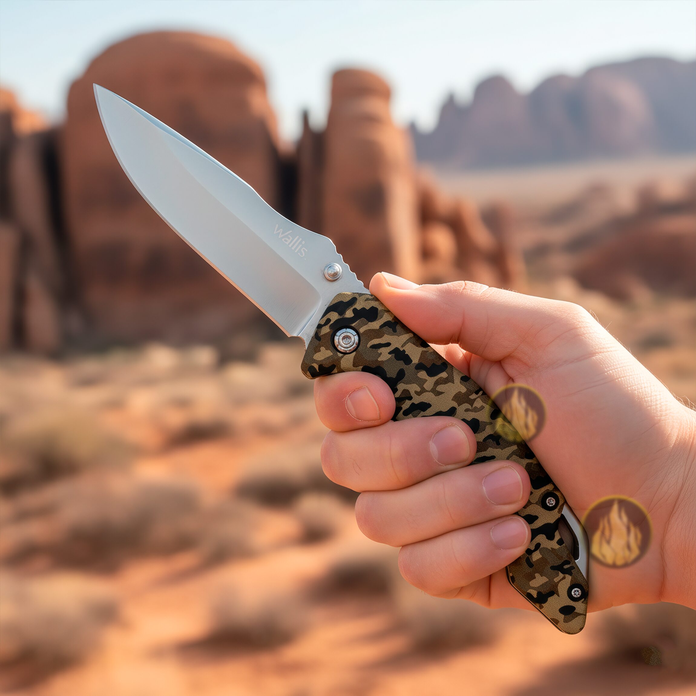 Navaja Tactica Camuflaje Uso Rudo Wallis con hoja de acero inoxidable y clip para cinturón resistente Navaja Tactica Camuflaje Uso Rudo marca Wallis modelo K901399 con apertura manual y seguro anti cierre