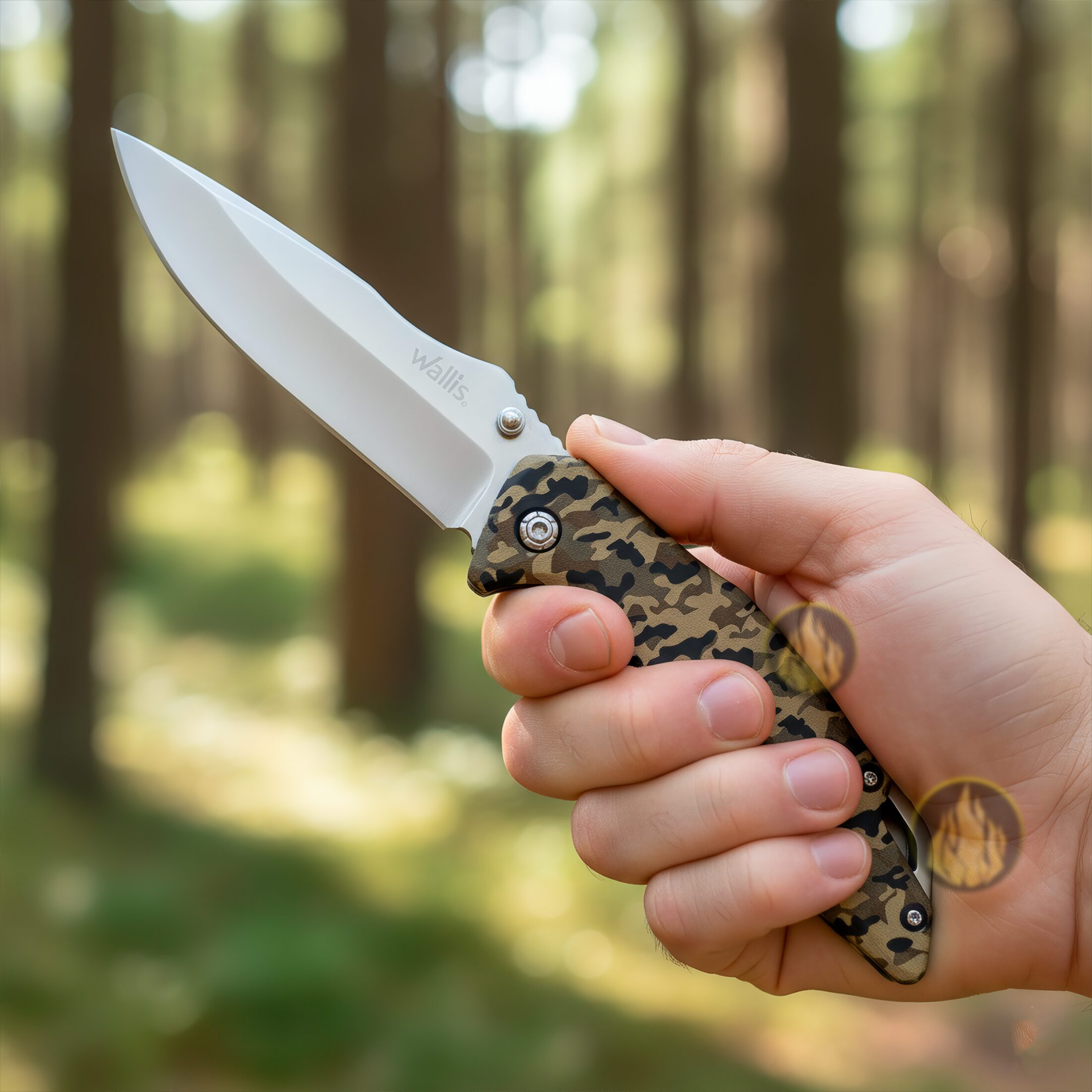 Navaja Tactica Camuflaje Uso Rudo Wallis con hoja de acero inoxidable y clip para cinturón resistente Navaja Tactica Camuflaje Uso Rudo marca Wallis modelo K901399 con apertura manual y seguro anti cierre