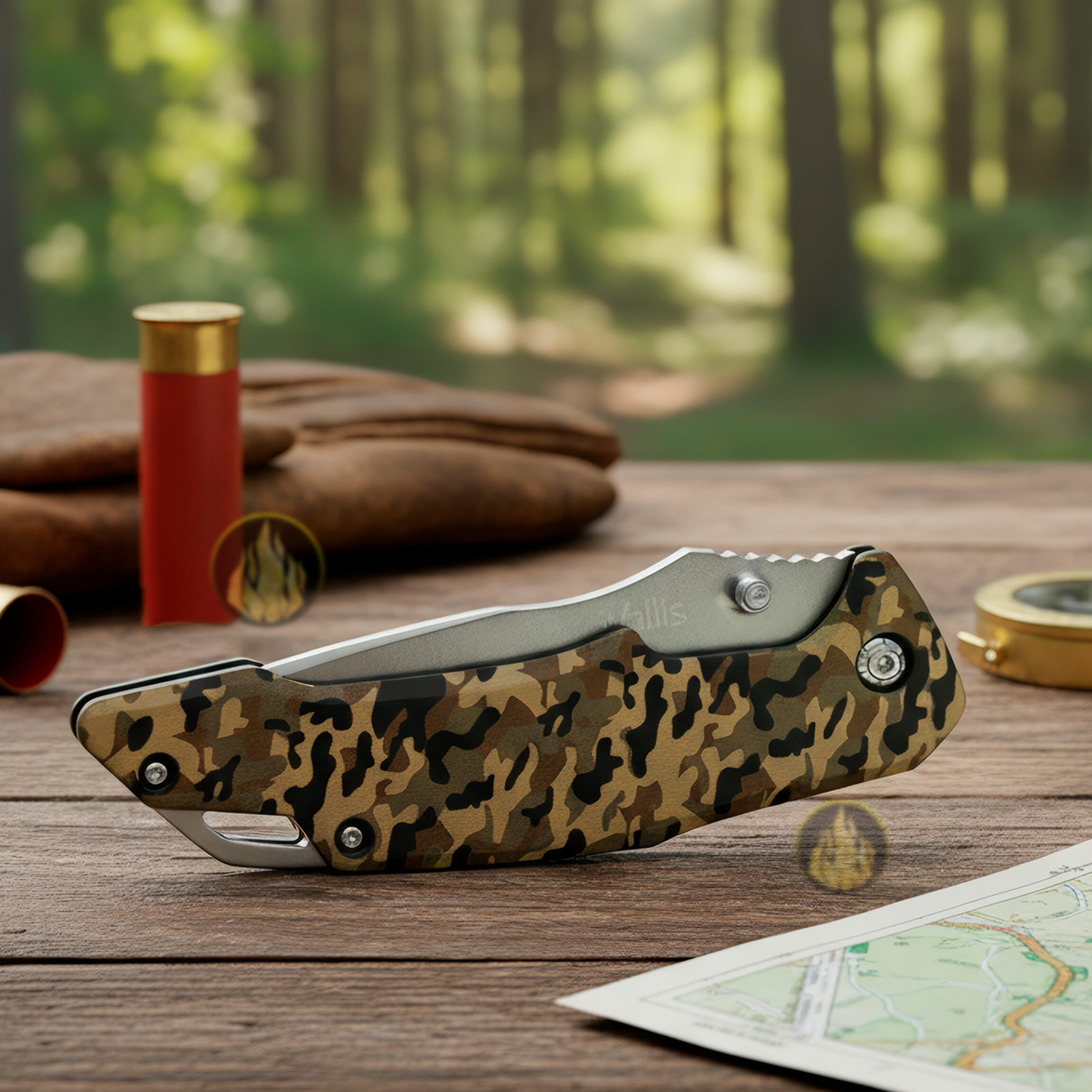 Navaja Tactica Camuflaje Uso Rudo Wallis con hoja de acero inoxidable y clip para cinturón resistente Navaja Tactica Camuflaje Uso Rudo marca Wallis modelo K901399 con apertura manual y seguro anti cierre