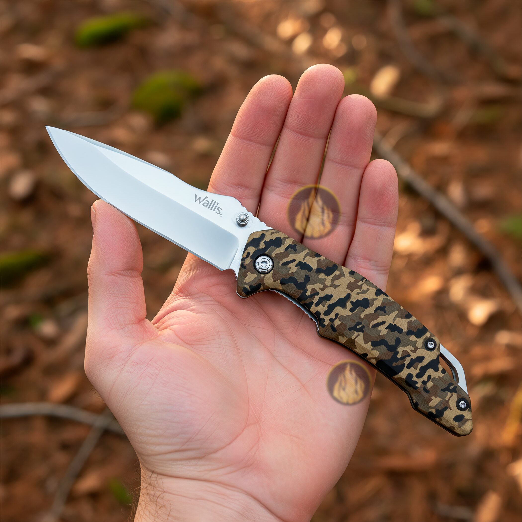 Navaja Tactica Camuflaje Uso Rudo Wallis con hoja de acero inoxidable y clip para cinturón resistente Navaja Tactica Camuflaje Uso Rudo marca Wallis modelo K901399 con apertura manual y seguro anti cierre