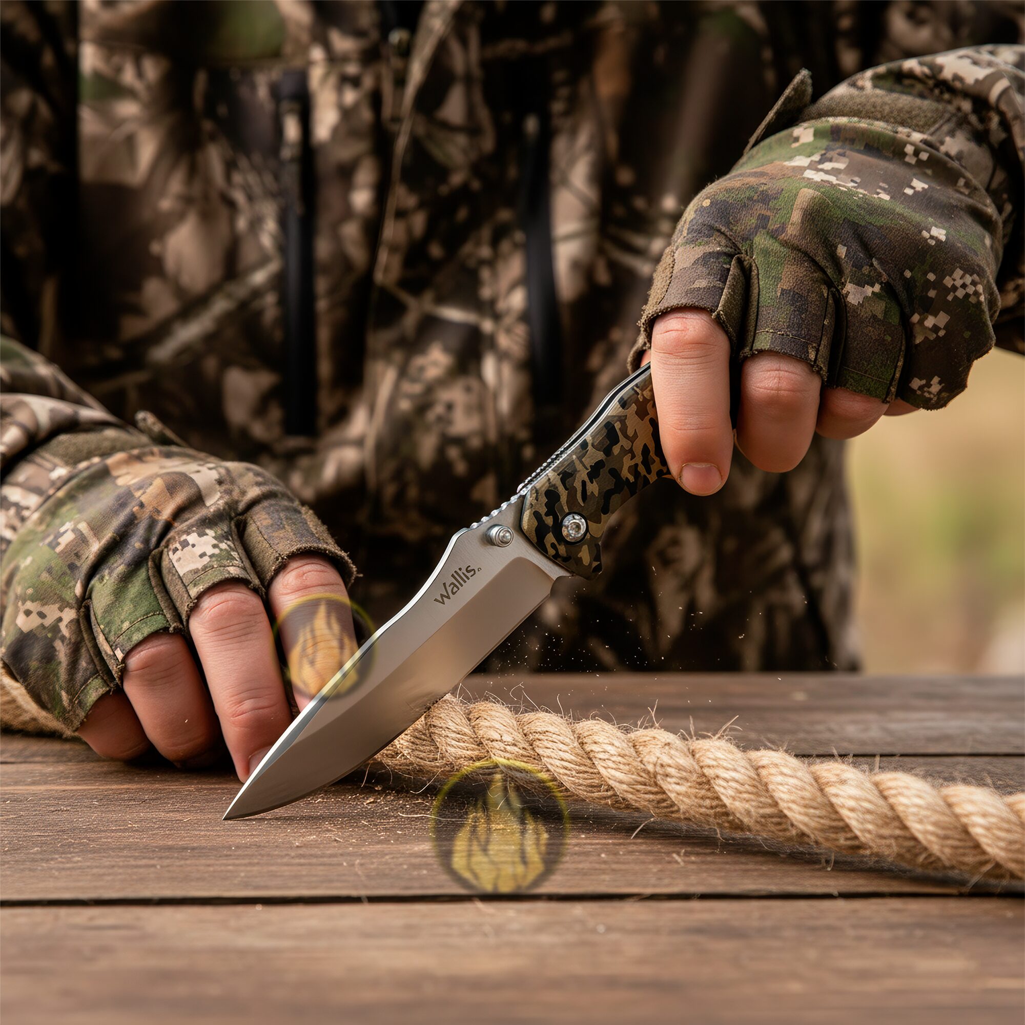 Navaja Tactica Camuflaje Uso Rudo Wallis con hoja de acero inoxidable y clip para cinturón resistente Navaja Tactica Camuflaje Uso Rudo marca Wallis modelo K901399 con apertura manual y seguro anti cierre