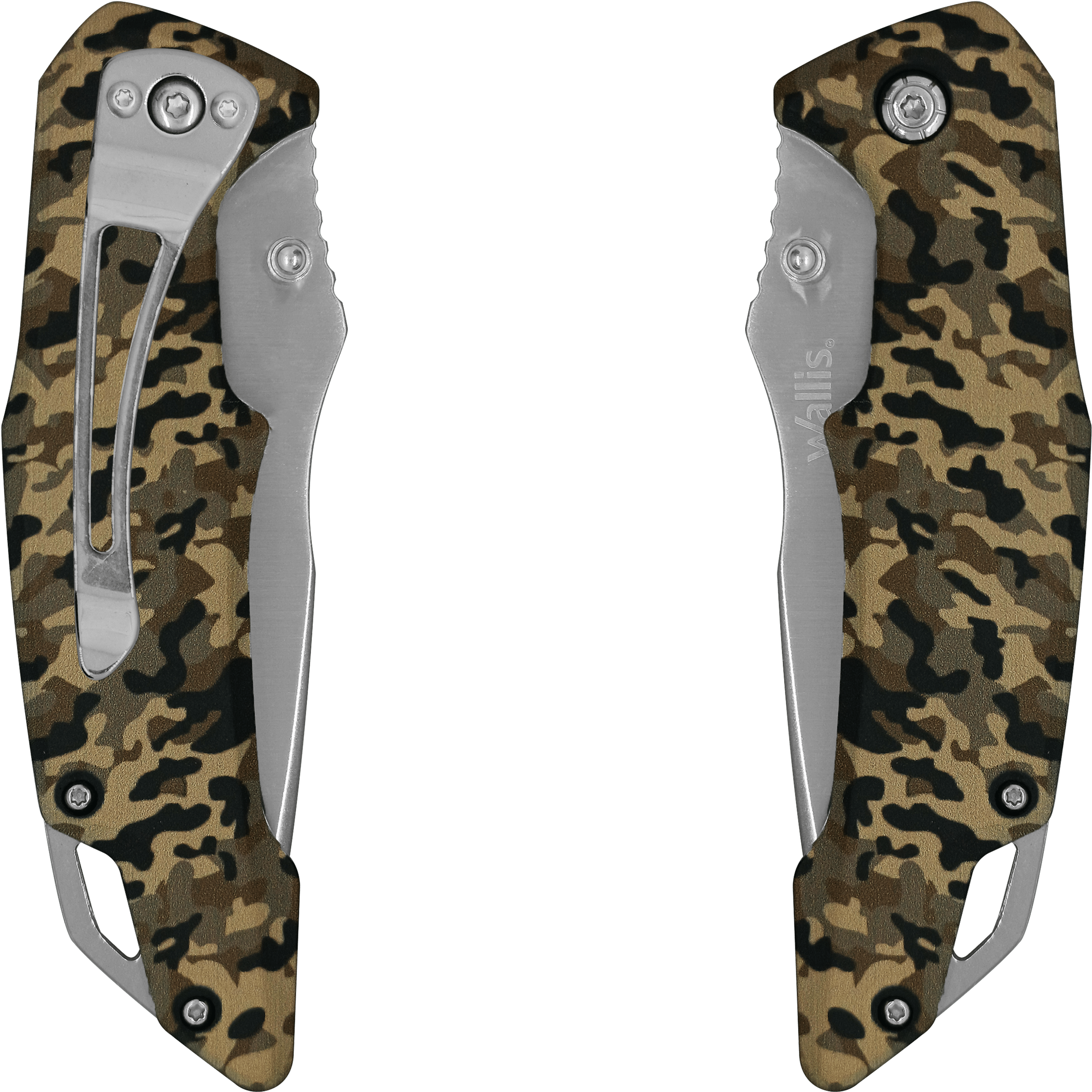 Navaja Tactica Camuflaje Uso Rudo Wallis con hoja de acero inoxidable y clip para cinturón resistente Navaja Tactica Camuflaje Uso Rudo marca Wallis modelo K901399 con apertura manual y seguro anti cierre