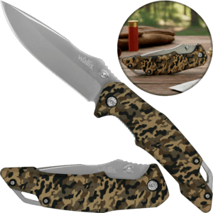 Navaja Tactica Camuflaje Uso Rudo Wallis con hoja de acero inoxidable y clip para cinturón resistente Navaja Tactica Camuflaje Uso Rudo marca Wallis modelo K901399 con apertura manual y seguro anti cierre