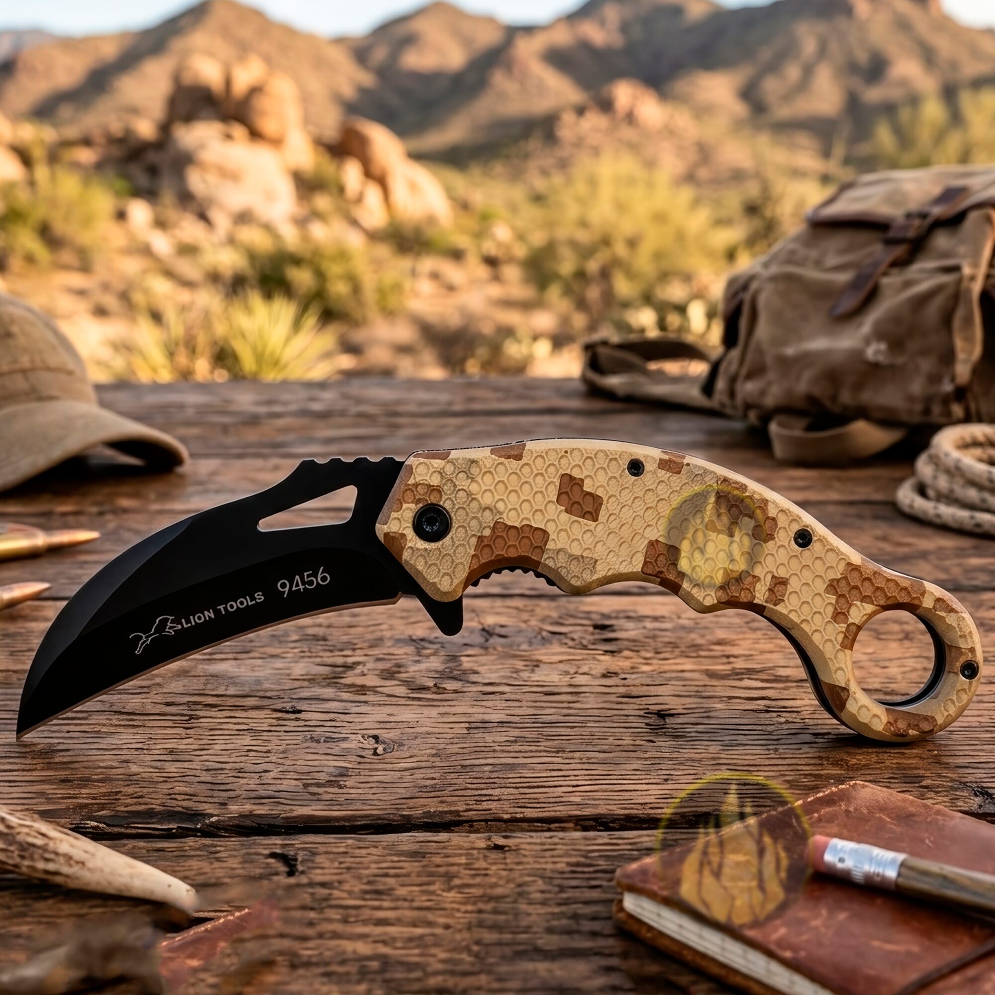 Navaja Automatica Karambit marca Lion Tools modelo 9456 con hoja afilada curva estilo karambit y mango ergonómico táctico.