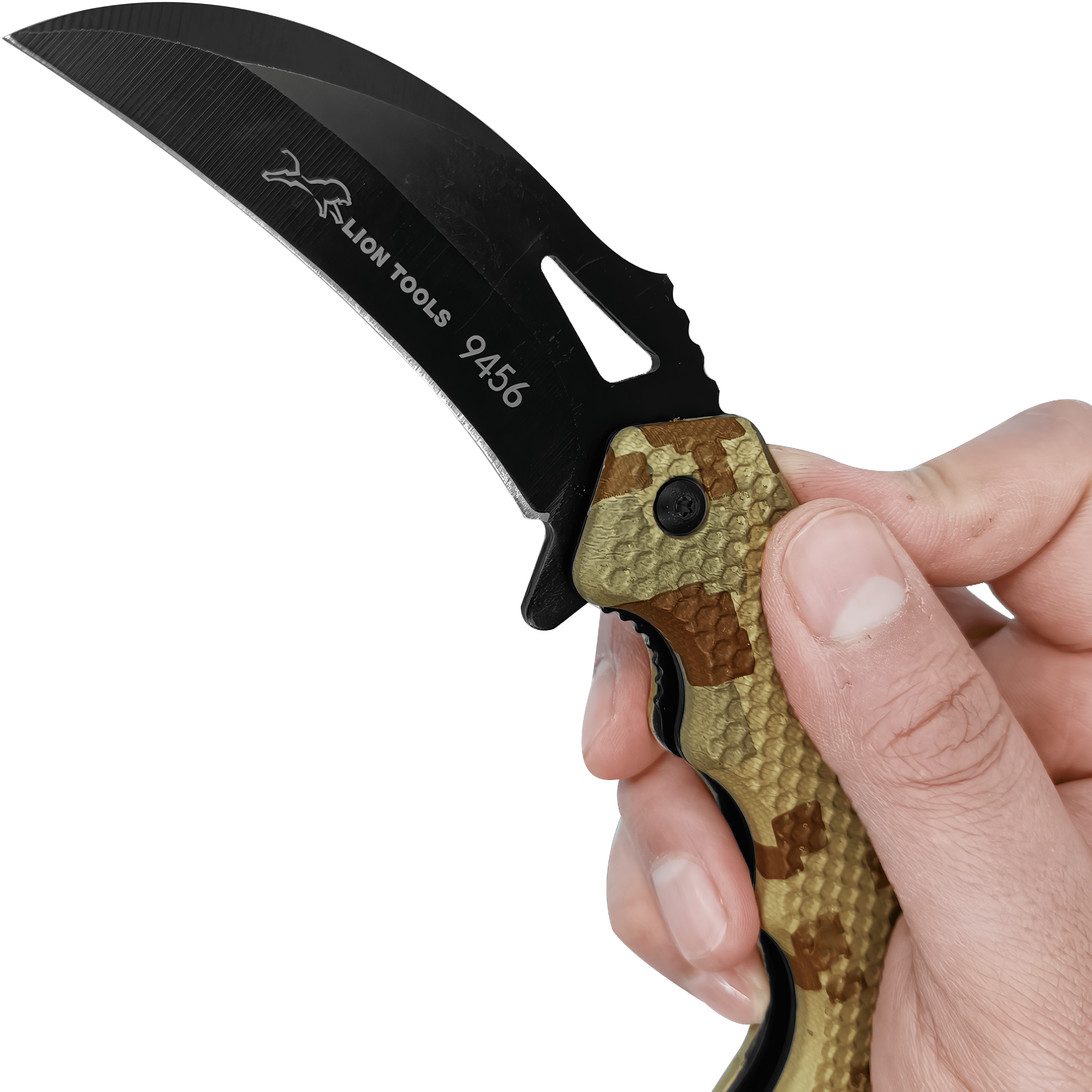 Navaja Automatica Karambit marca Lion Tools modelo 9456 con hoja afilada curva estilo karambit y mango ergonómico táctico.