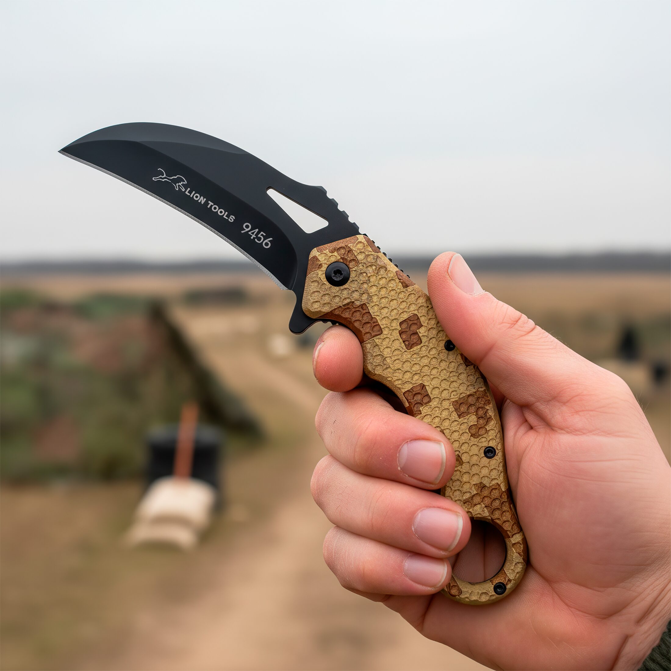 Navaja Automatica Karambit marca Lion Tools modelo 9456 con hoja afilada curva estilo karambit y mango ergonómico táctico.