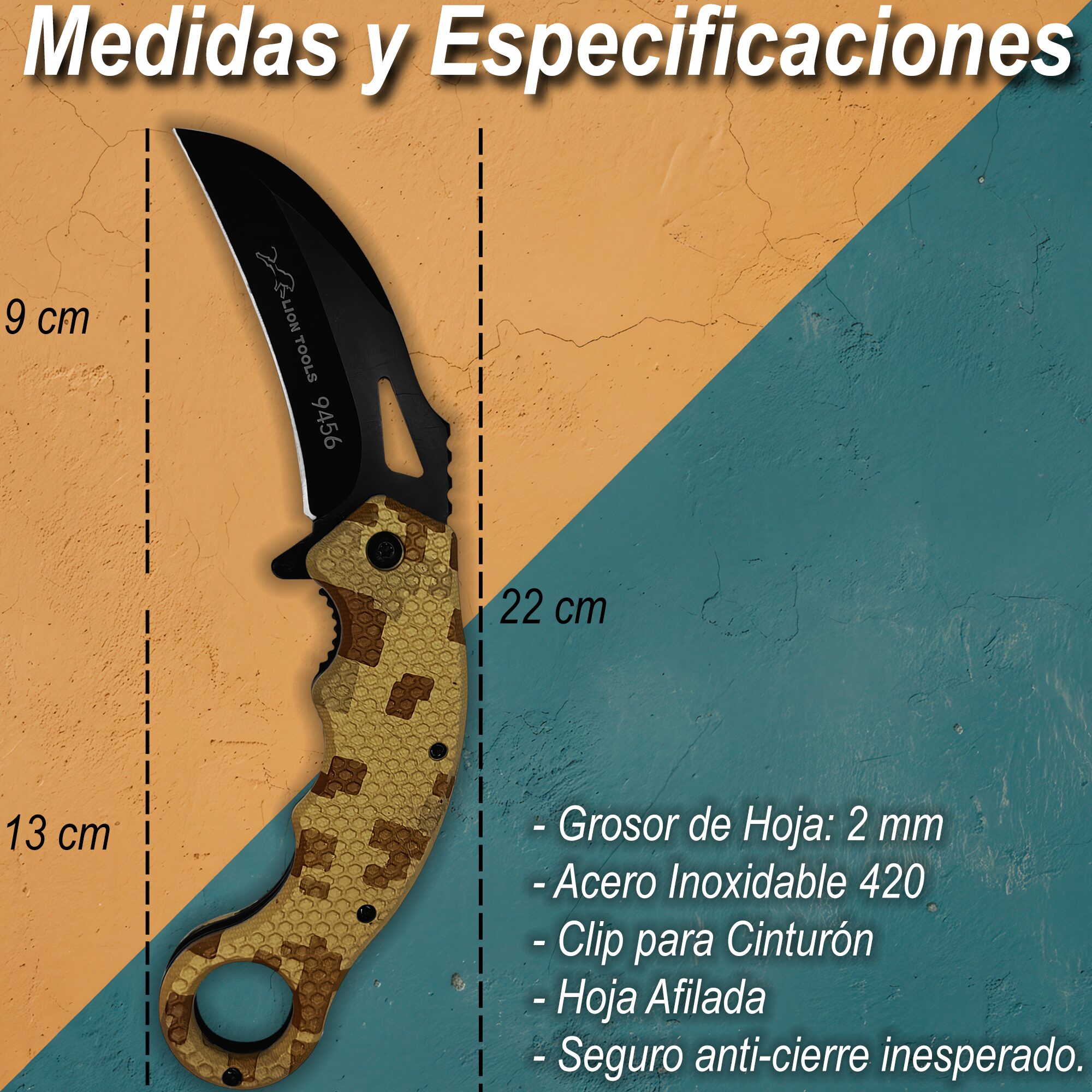 Navaja Automatica Karambit marca Lion Tools modelo 9456 con hoja afilada curva estilo karambit y mango ergonómico táctico.