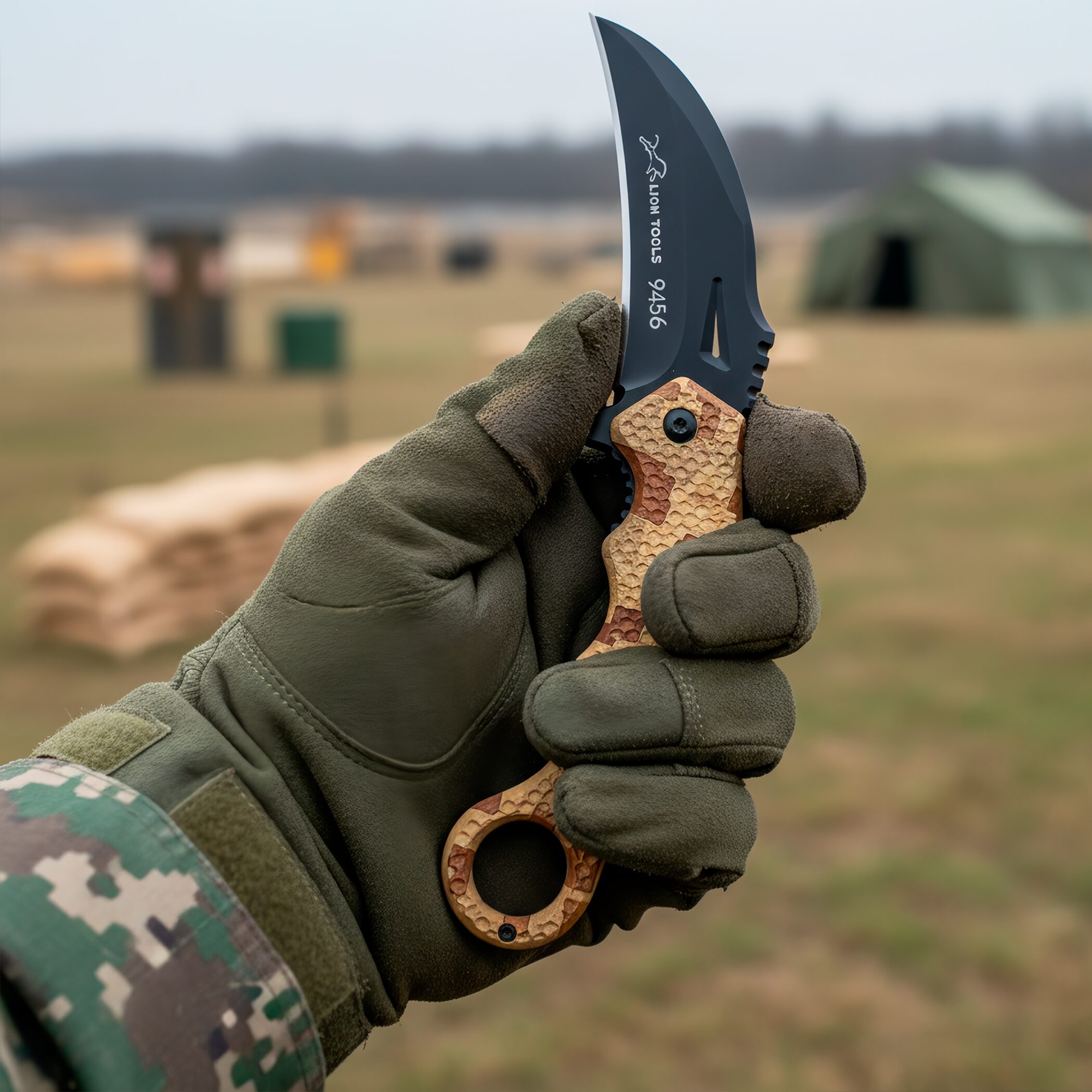 Navaja Automatica Karambit marca Lion Tools modelo 9456 con hoja afilada curva estilo karambit y mango ergonómico táctico.