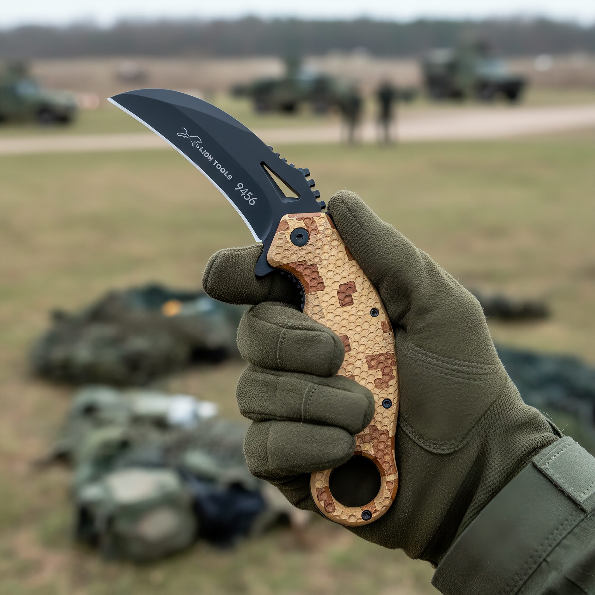 Navaja Automatica Karambit marca Lion Tools modelo 9456 con hoja afilada curva estilo karambit y mango ergonómico táctico.