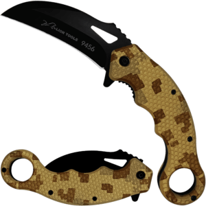 Navaja Automatica Karambit marca Lion Tools modelo 9456 con hoja afilada curva estilo karambit y mango ergonómico táctico.
