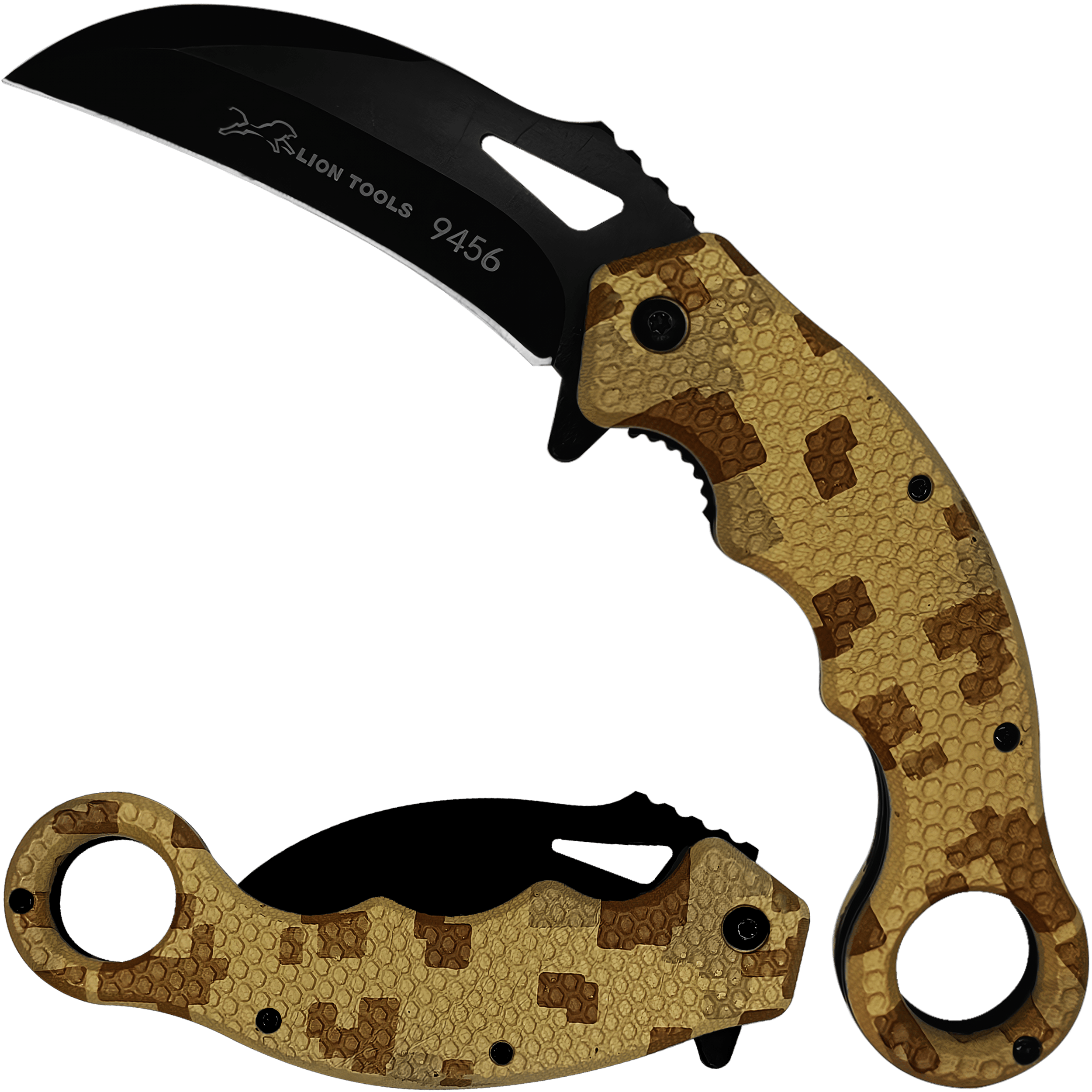 Navaja Automatica Karambit marca Lion Tools modelo 9456 con hoja afilada curva estilo karambit y mango ergonómico táctico.