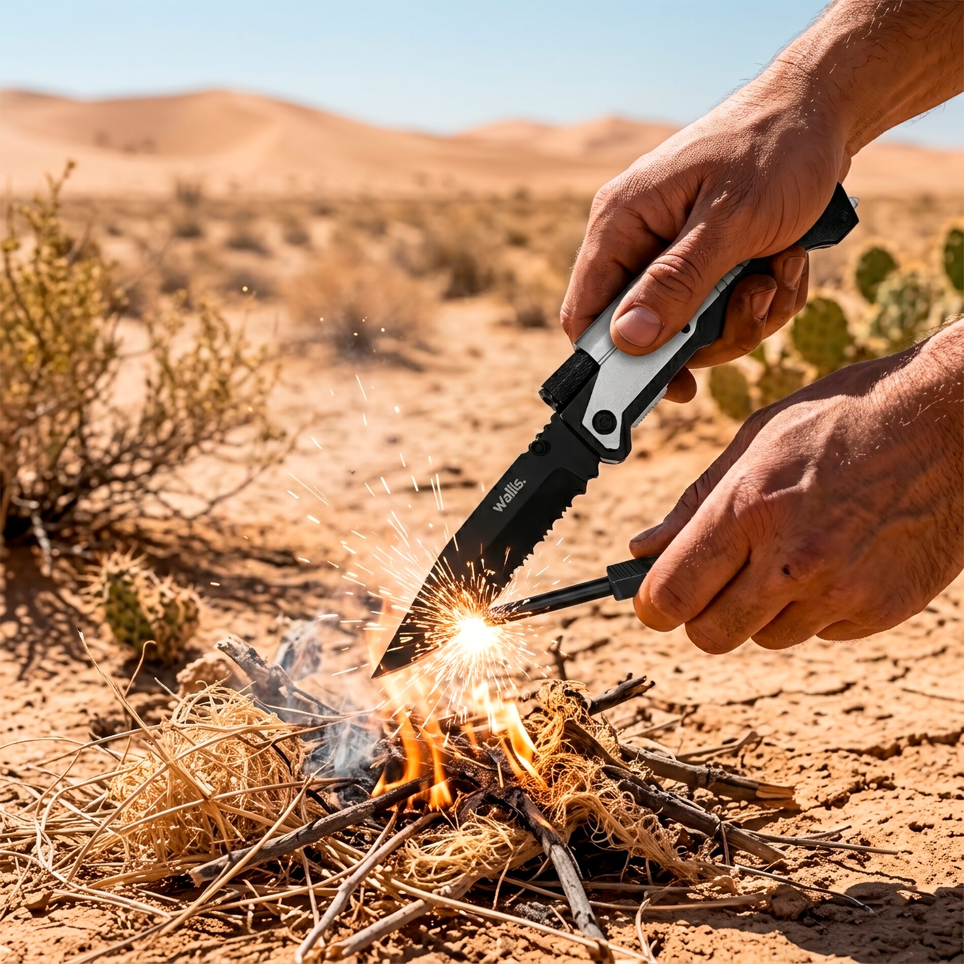 Navaja Táctica Supervivencia Wallis modelo K900646 con lámpara de emergencia y pedernal para fuego