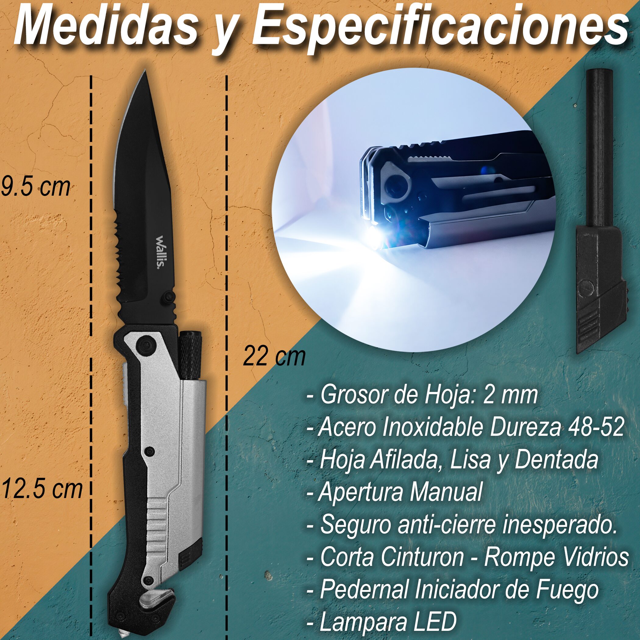 Navaja Táctica Supervivencia Wallis modelo K900646 con lámpara de emergencia y pedernal para fuego