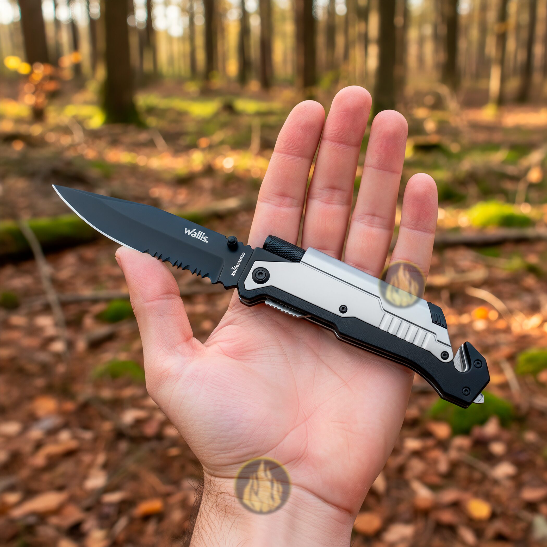 Navaja Táctica Supervivencia Wallis modelo K900646 con lámpara de emergencia y pedernal para fuego