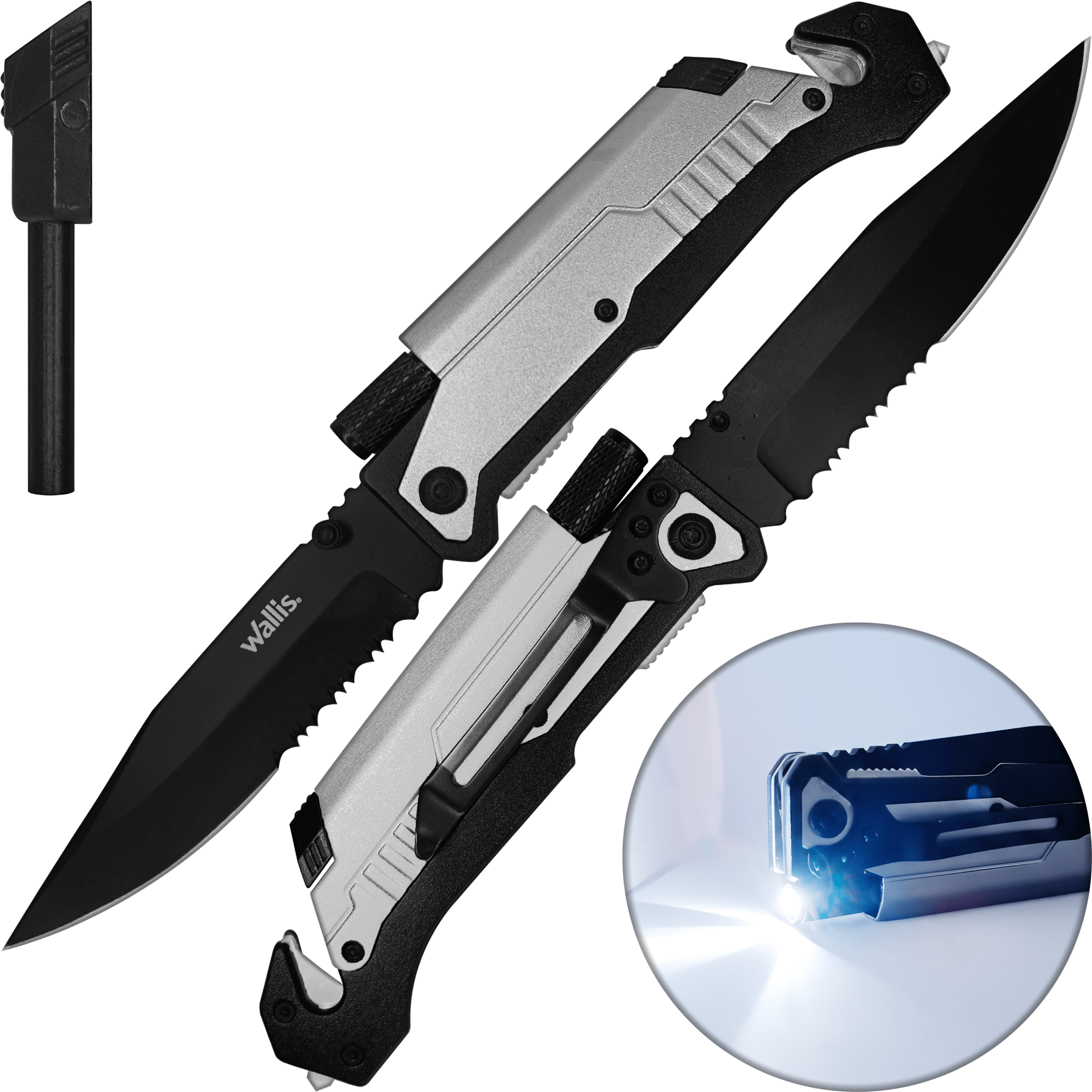 Navaja Táctica Supervivencia Wallis modelo K900646 con lámpara de emergencia y pedernal para fuego