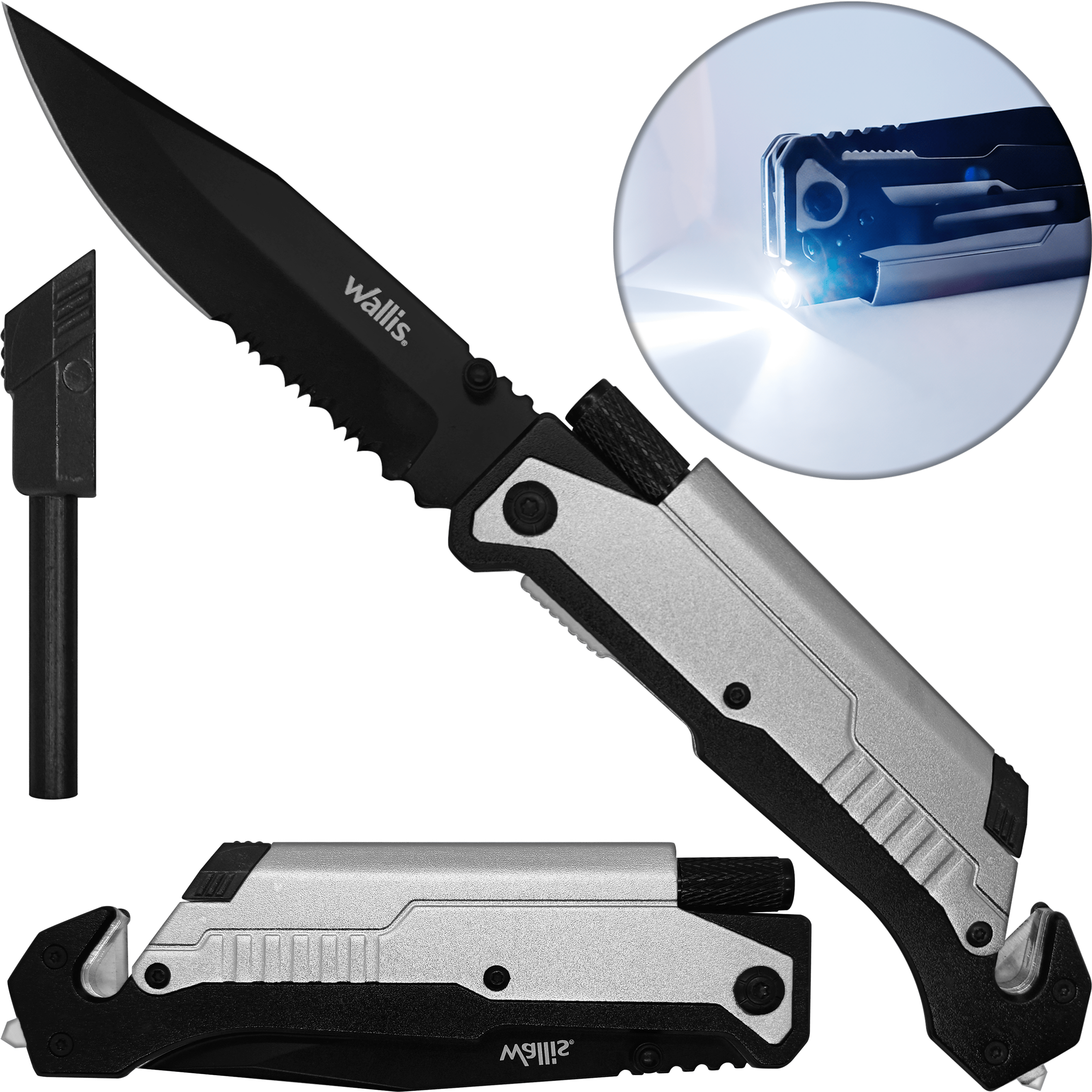 Navaja Táctica Supervivencia Wallis modelo K900646 con lámpara de emergencia y pedernal para fuego