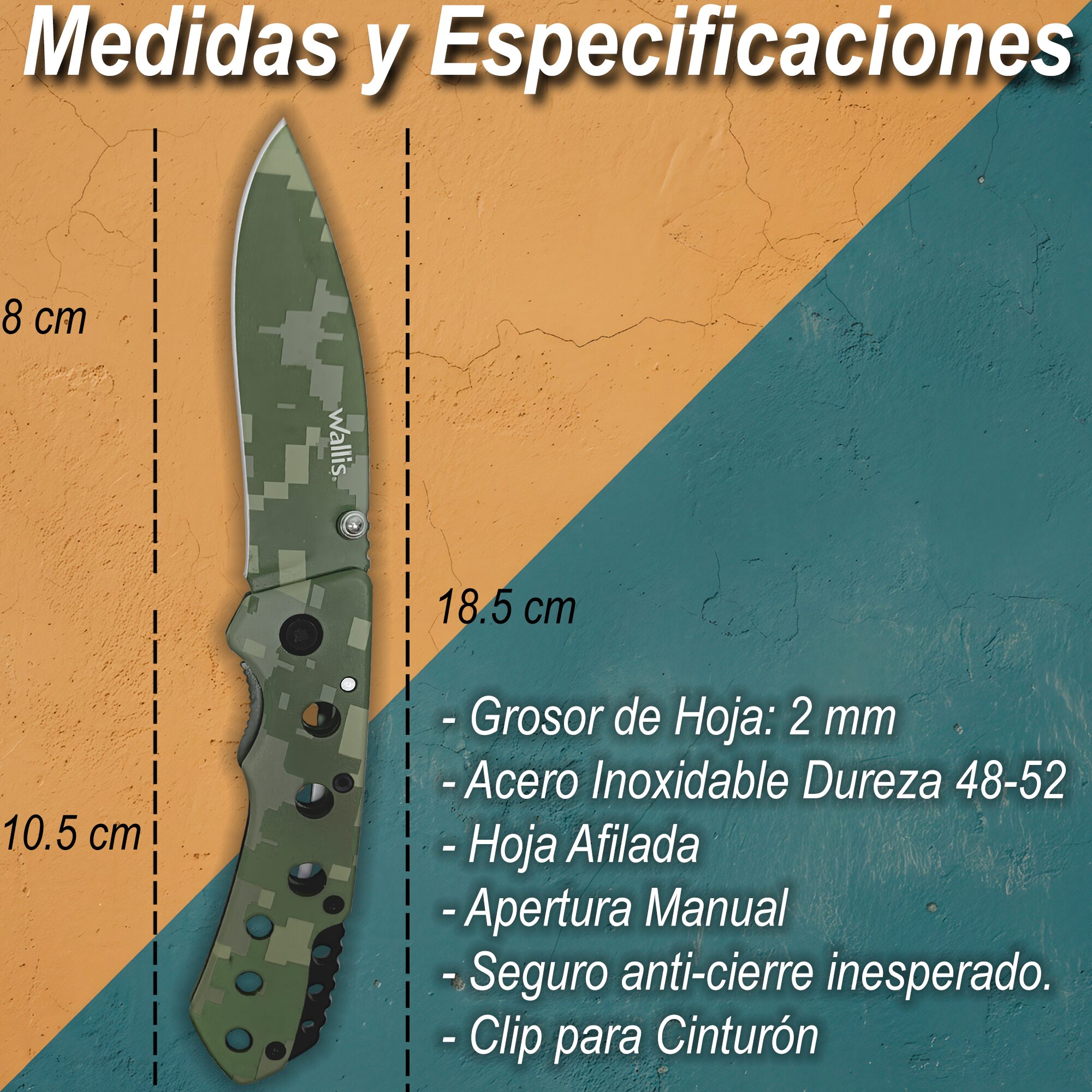 Navaja de Uso Rudo Militar Camuflaje Wallis con hoja de acero inoxidable afilada y diseño táctico color verde camuflaje. Uso Rudo Militar Camuflaje marca Wallis modelo K900609 con hoja de 8 cm y mango camuflaje verde.