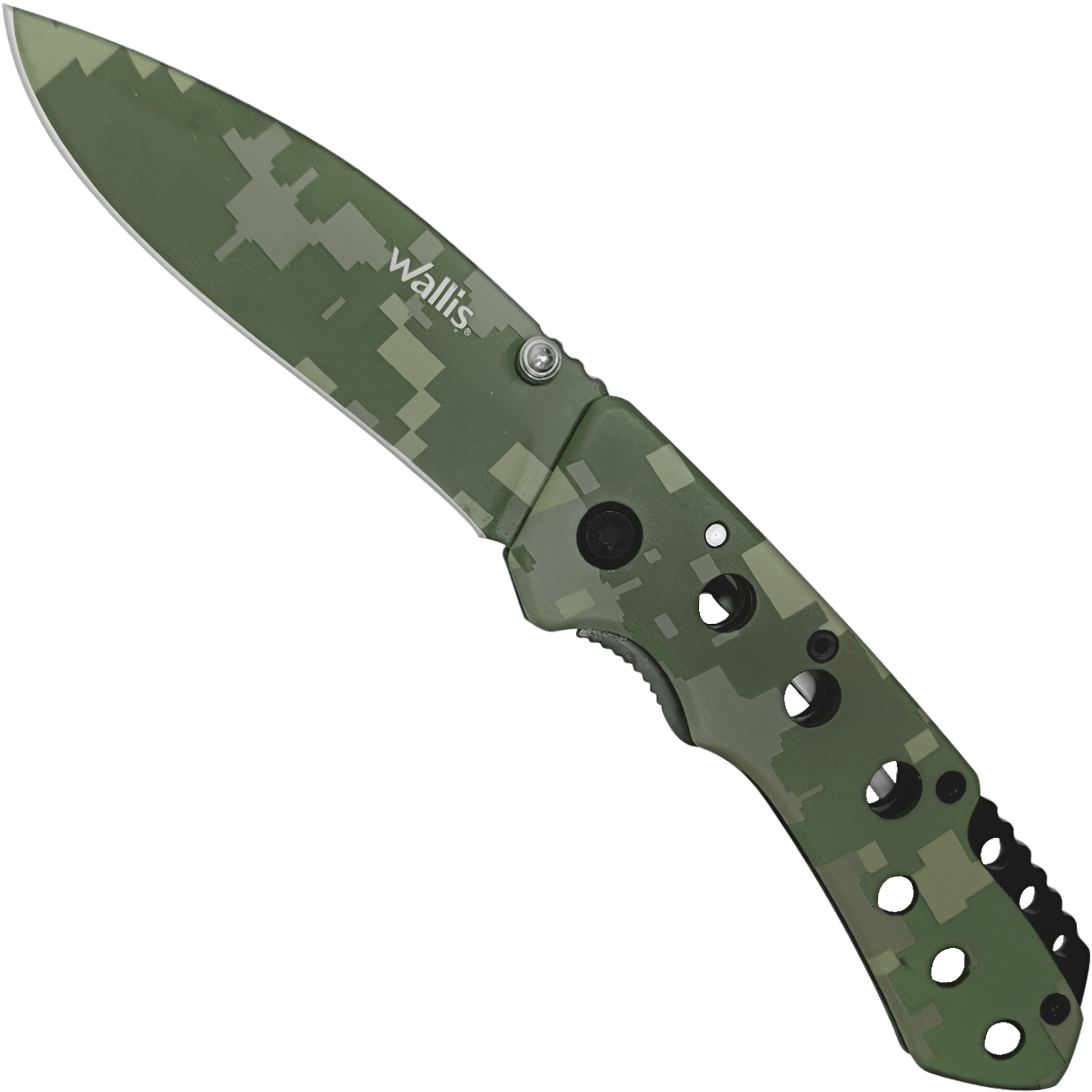 Navaja de Uso Rudo Militar Camuflaje Wallis con hoja de acero inoxidable afilada y diseño táctico color verde camuflaje. Uso Rudo Militar Camuflaje marca Wallis modelo K900609 con hoja de 8 cm y mango camuflaje verde.