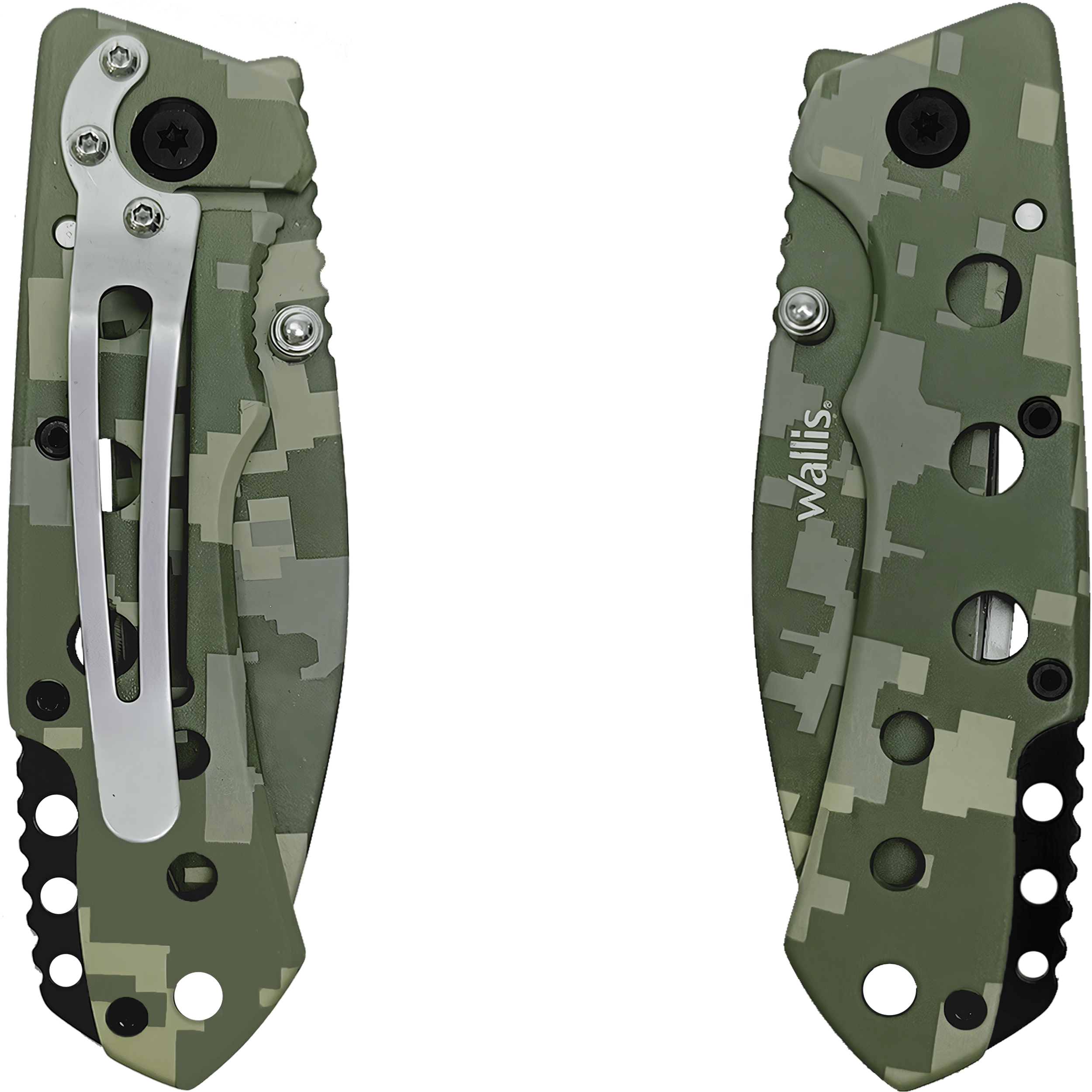 Navaja de Uso Rudo Militar Camuflaje Wallis con hoja de acero inoxidable afilada y diseño táctico color verde camuflaje. Uso Rudo Militar Camuflaje marca Wallis modelo K900609 con hoja de 8 cm y mango camuflaje verde.