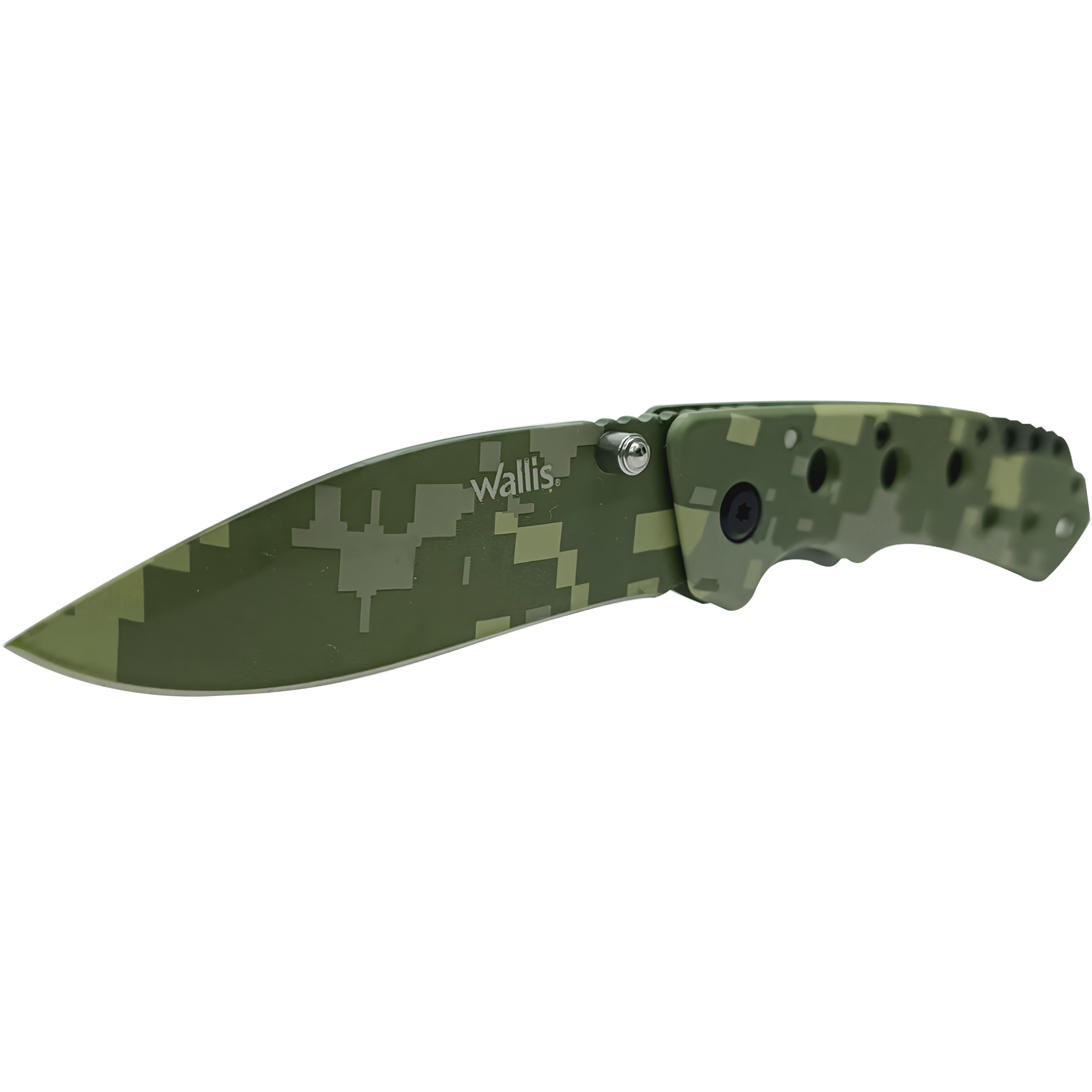 Navaja de Uso Rudo Militar Camuflaje Wallis con hoja de acero inoxidable afilada y diseño táctico color verde camuflaje. Uso Rudo Militar Camuflaje marca Wallis modelo K900609 con hoja de 8 cm y mango camuflaje verde.