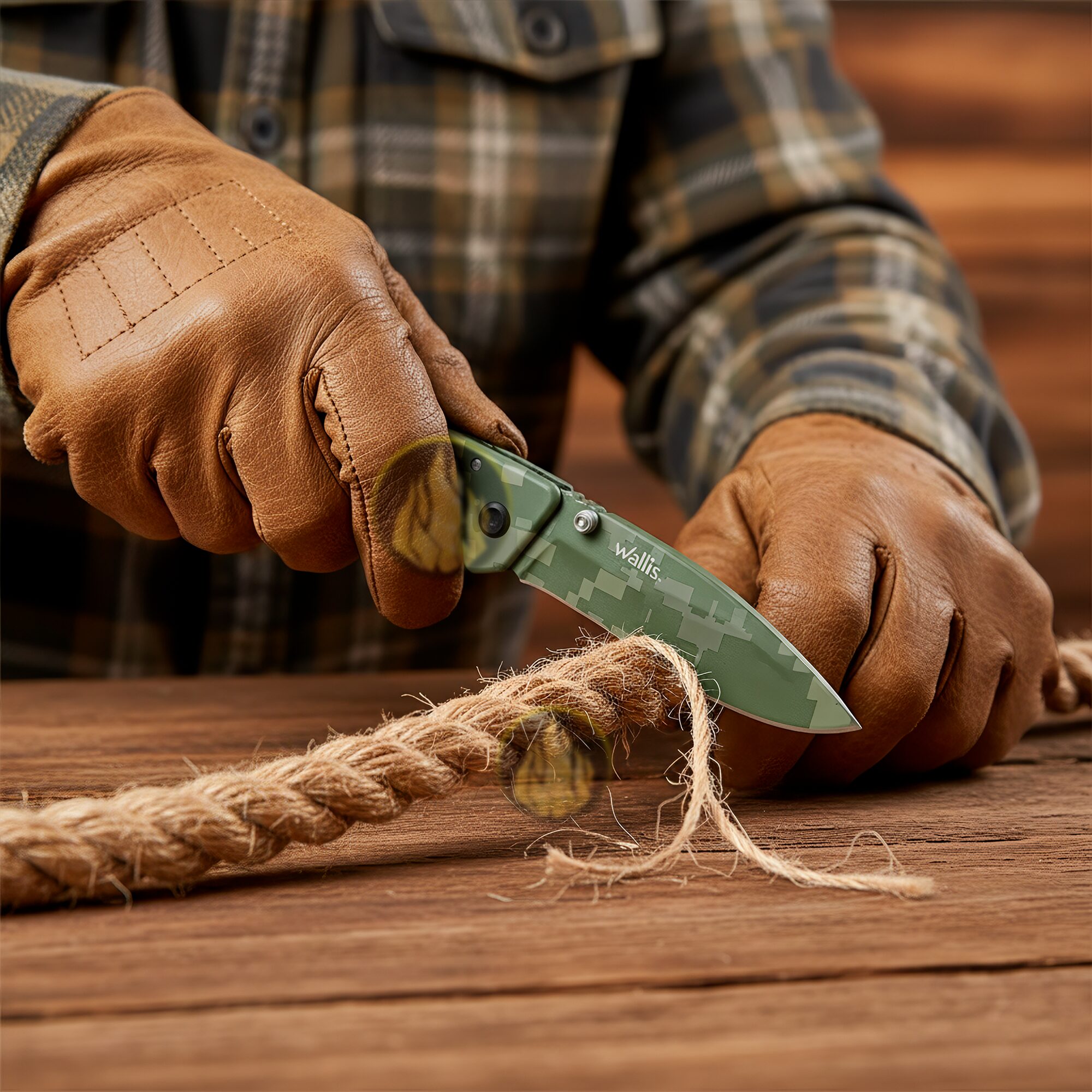 Navaja de Uso Rudo Militar Camuflaje Wallis con hoja de acero inoxidable afilada y diseño táctico color verde camuflaje. Uso Rudo Militar Camuflaje marca Wallis modelo K900609 con hoja de 8 cm y mango camuflaje verde.