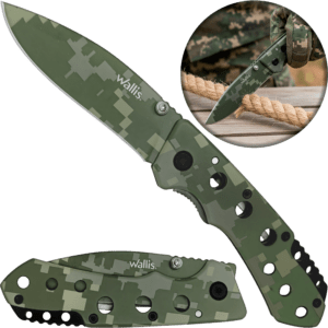 Navaja de Uso Rudo Militar Camuflaje Wallis con hoja de acero inoxidable afilada y diseño táctico color verde camuflaje. Uso Rudo Militar Camuflaje marca Wallis modelo K900609 con hoja de 8 cm y mango camuflaje verde.