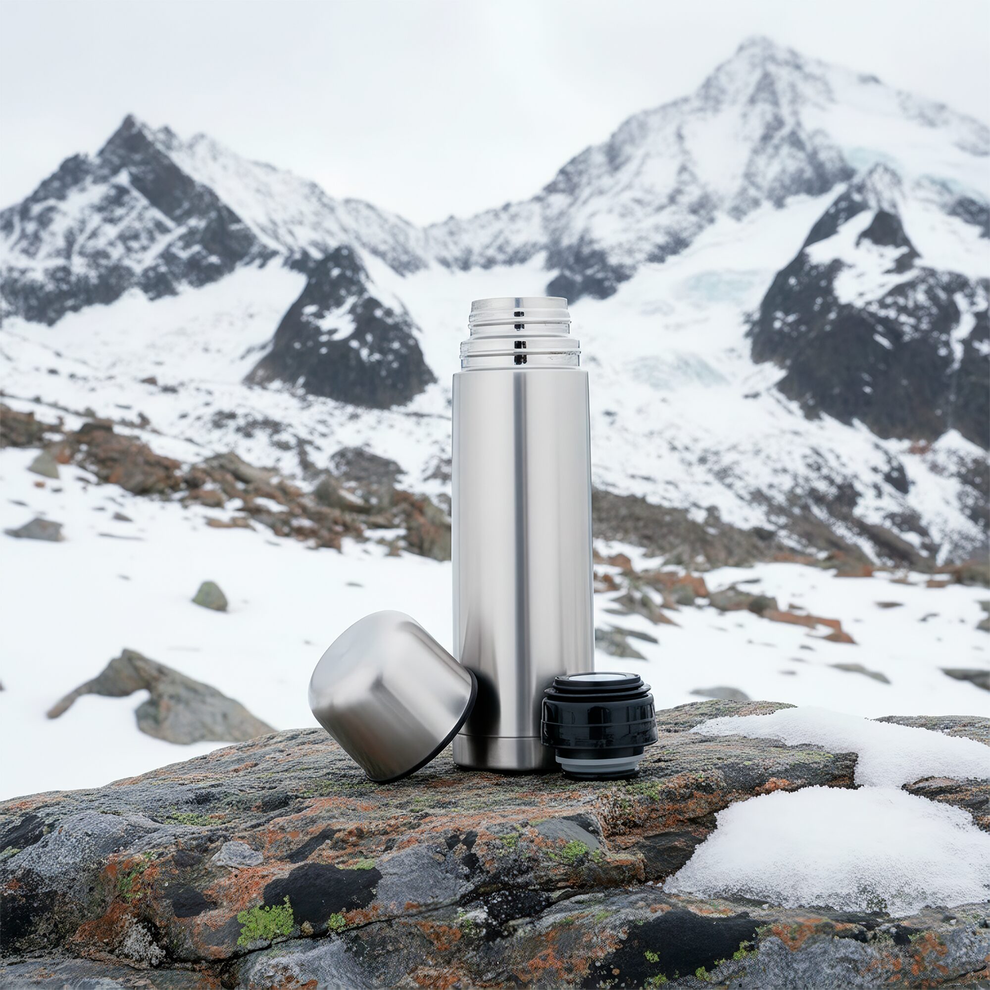 Termo Botella Acero Inoxidable Wallis 500 ml con doble capa térmica y funda negra protectora modelo F2890639.