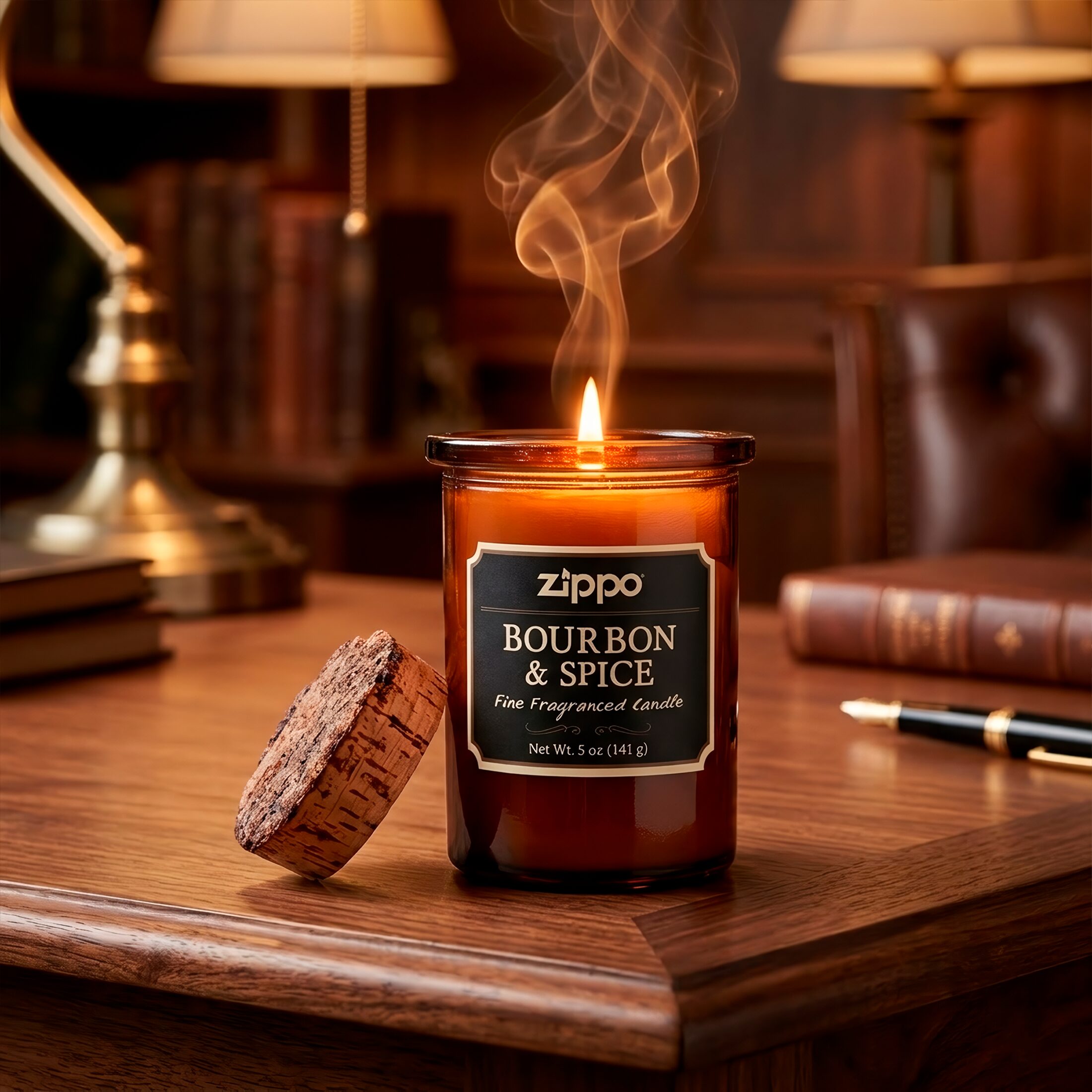 Vela Aromática Zippo Decorativa Original Bourbon y Spice modelo RZI-70021 hecha con cera de soya y mecha de algodón en recipiente decorativo marca Zippo fragancia Bourbon y Spice con recipiente reutilizable tapa de corcho natural cera de soya marca Zippo