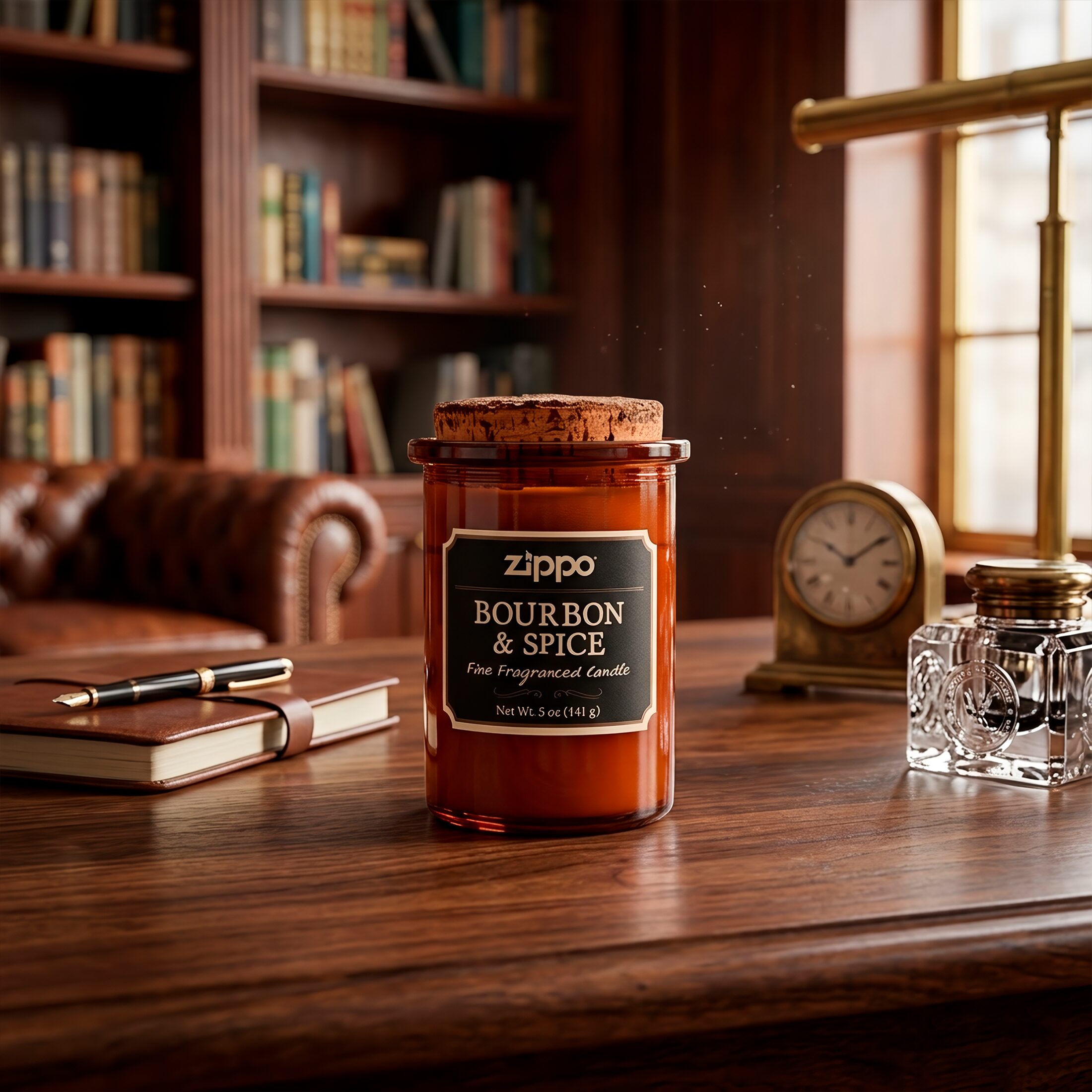 Vela Aromática Zippo Decorativa Original Bourbon y Spice modelo RZI-70021 hecha con cera de soya y mecha de algodón en recipiente decorativo marca Zippo fragancia Bourbon y Spice con recipiente reutilizable tapa de corcho natural cera de soya marca Zippo