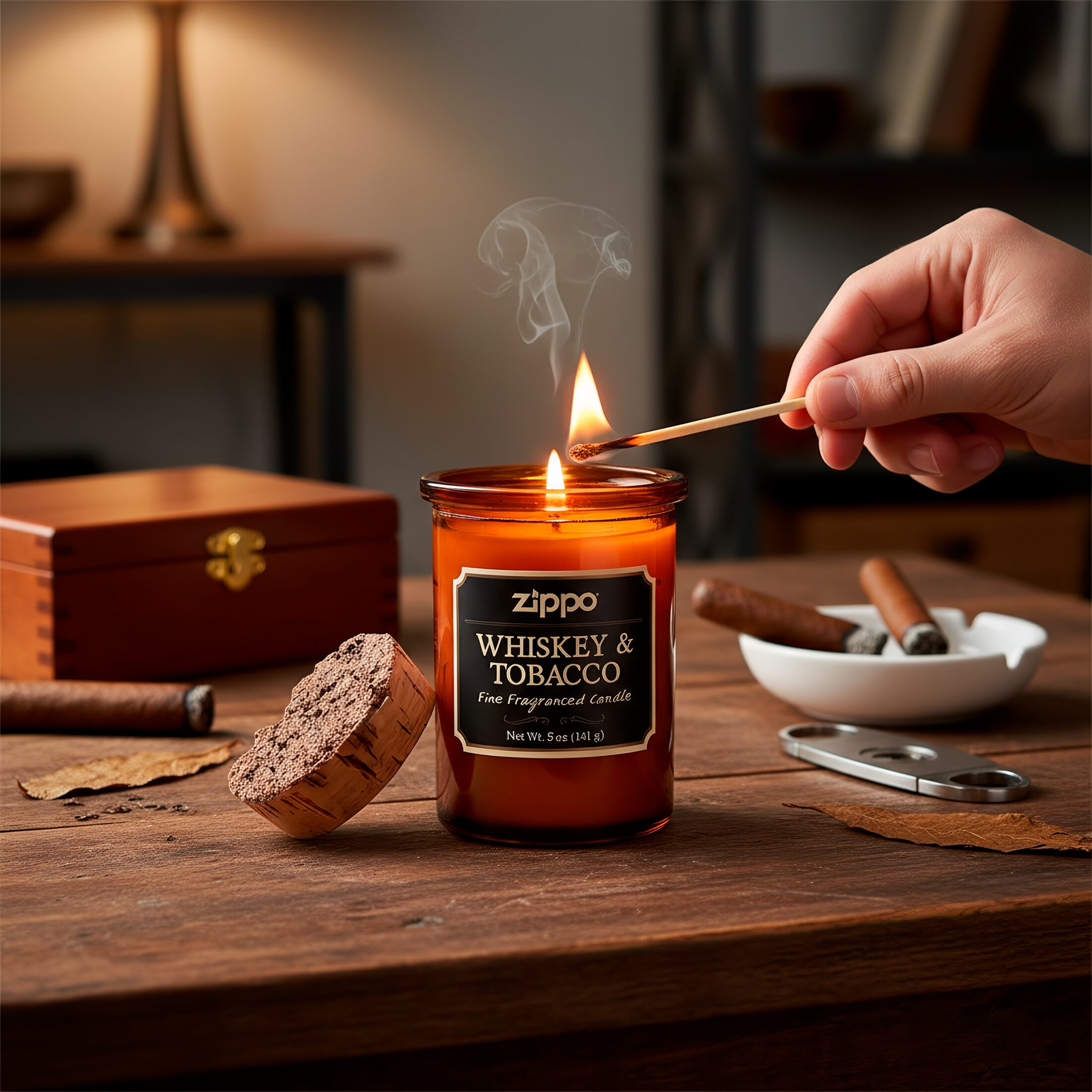 Vela Aromática Zippo Decorativa Original Whiskey & Tobacco modelo RZI-70019 hecha con cera de soya y mecha de algodón en recipiente decorativo marca Zippo fragancia Whiskey & Tobacco con recipiente reutilizable y tapa de corcho natural marca Zippo