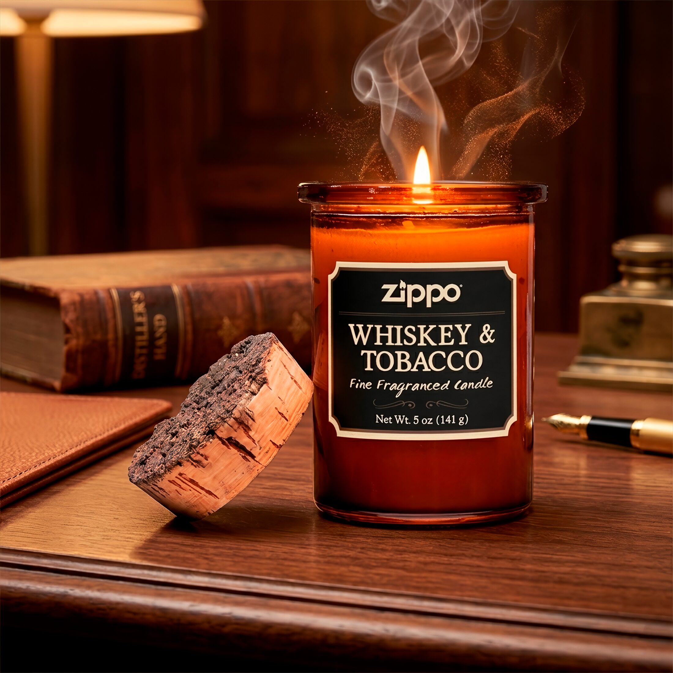 Vela Aromática Zippo Decorativa Original Whiskey & Tobacco modelo RZI-70019 hecha con cera de soya y mecha de algodón en recipiente decorativo marca Zippo fragancia Whiskey & Tobacco con recipiente reutilizable y tapa de corcho natural marca Zippo