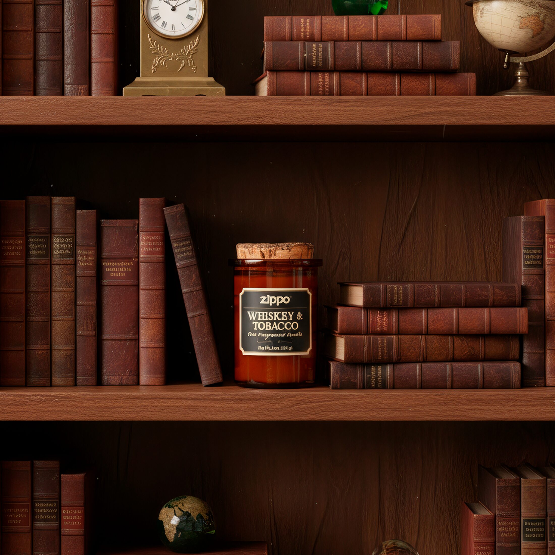 Vela Aromática Zippo Decorativa Original Whiskey & Tobacco modelo RZI-70019 hecha con cera de soya y mecha de algodón en recipiente decorativo marca Zippo fragancia Whiskey & Tobacco con recipiente reutilizable y tapa de corcho natural marca Zippo