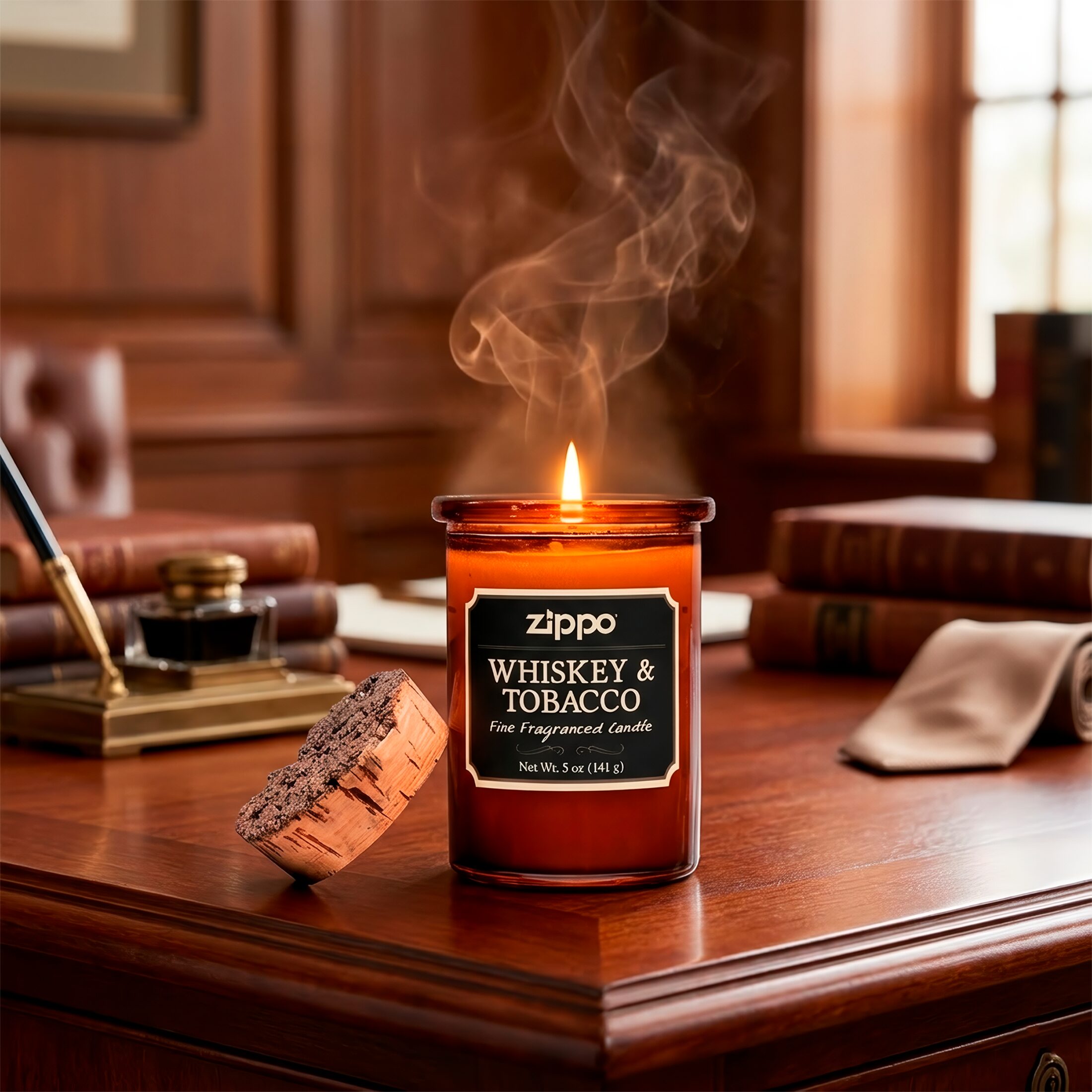Vela Aromática Zippo Decorativa Original Whiskey & Tobacco modelo RZI-70019 hecha con cera de soya y mecha de algodón en recipiente decorativo marca Zippo fragancia Whiskey & Tobacco con recipiente reutilizable y tapa de corcho natural marca Zippo