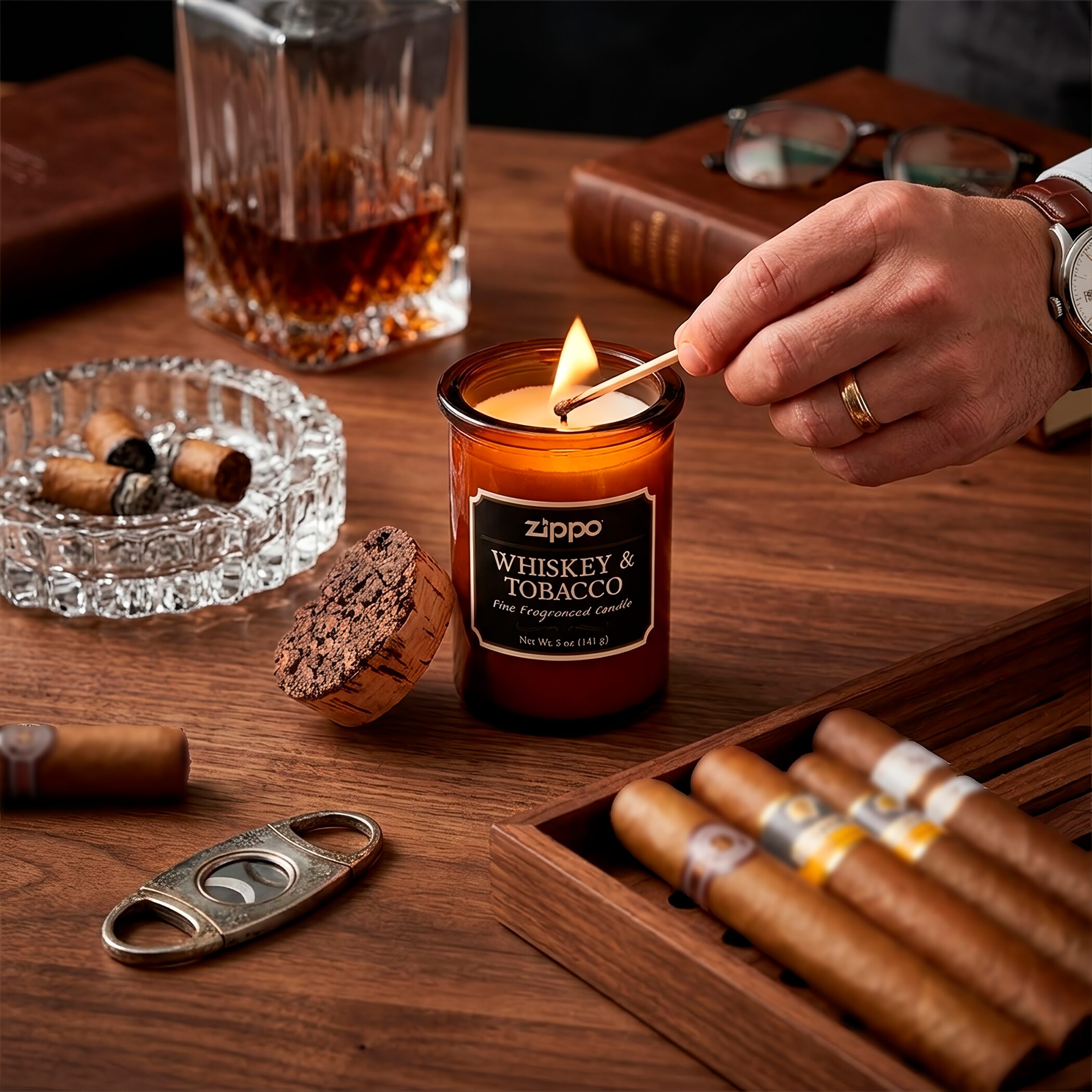 Vela Aromática Zippo Decorativa Original Whiskey & Tobacco modelo RZI-70019 hecha con cera de soya y mecha de algodón en recipiente decorativo marca Zippo fragancia Whiskey & Tobacco con recipiente reutilizable y tapa de corcho natural marca Zippo