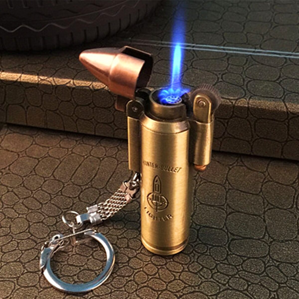 Encendedor Bala 1 Llama Recargable de acero inoxidable estilo retro con argolla para llavero