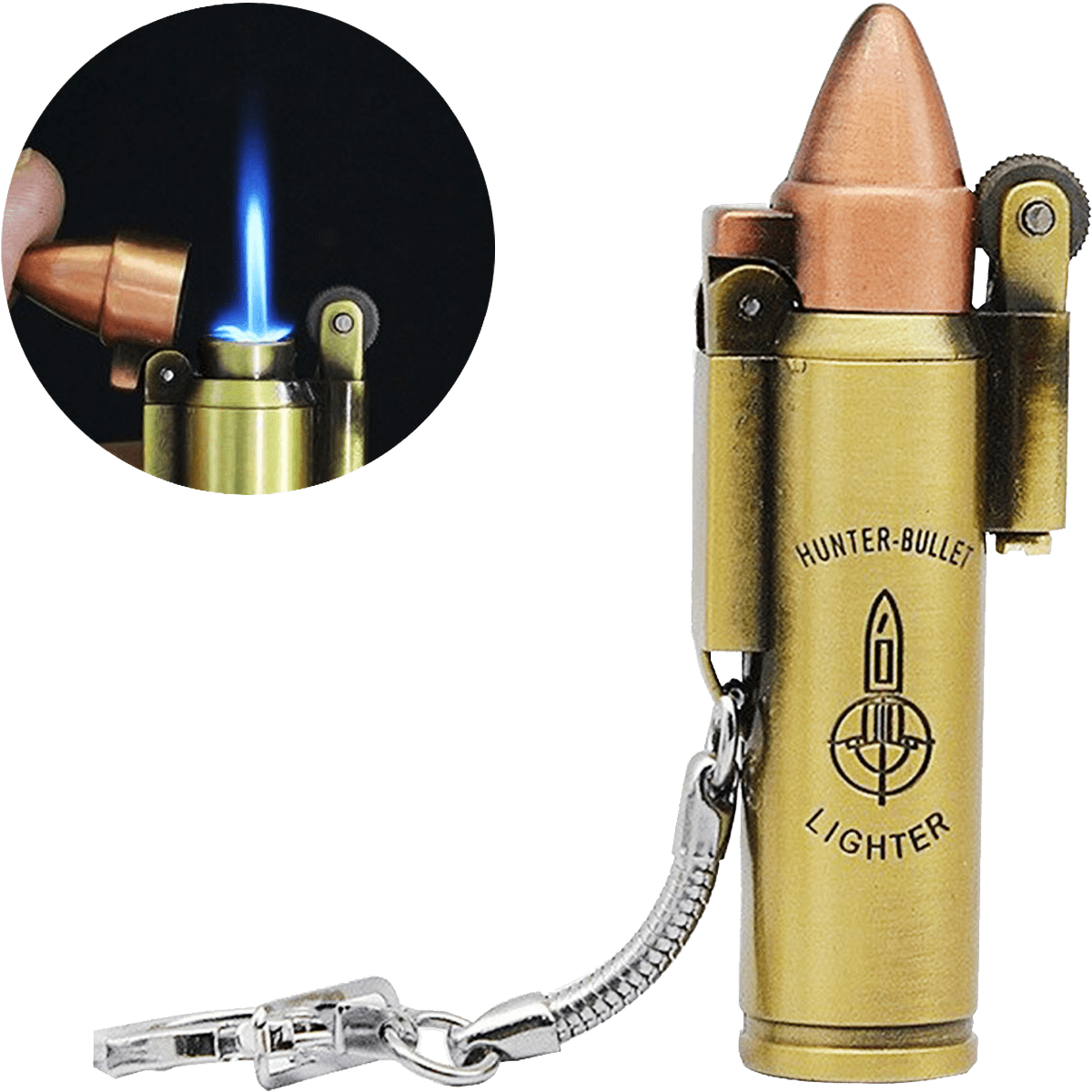 Encendedor Bala 1 Llama Recargable de acero inoxidable estilo retro con argolla para llavero