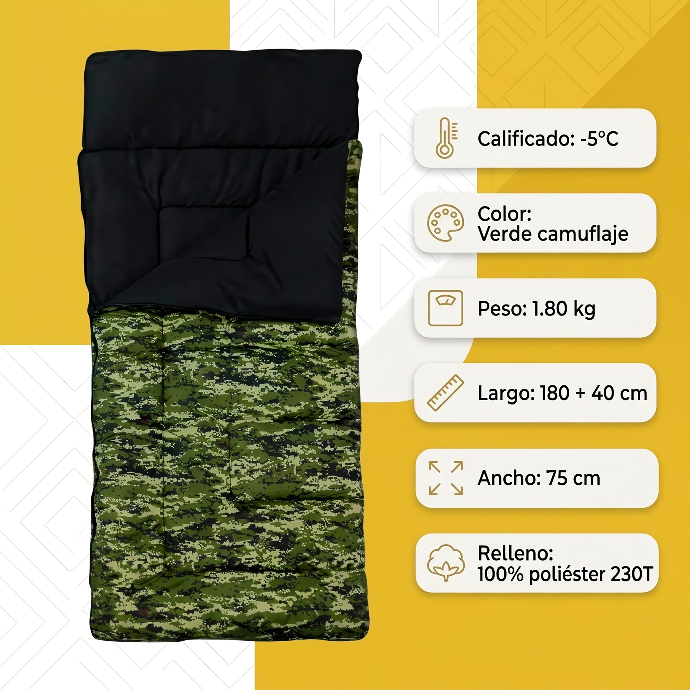 Bolsa De Dormir Pilot 350 marca Wallis color camuflaje para camping con temperatura de hasta -5°C