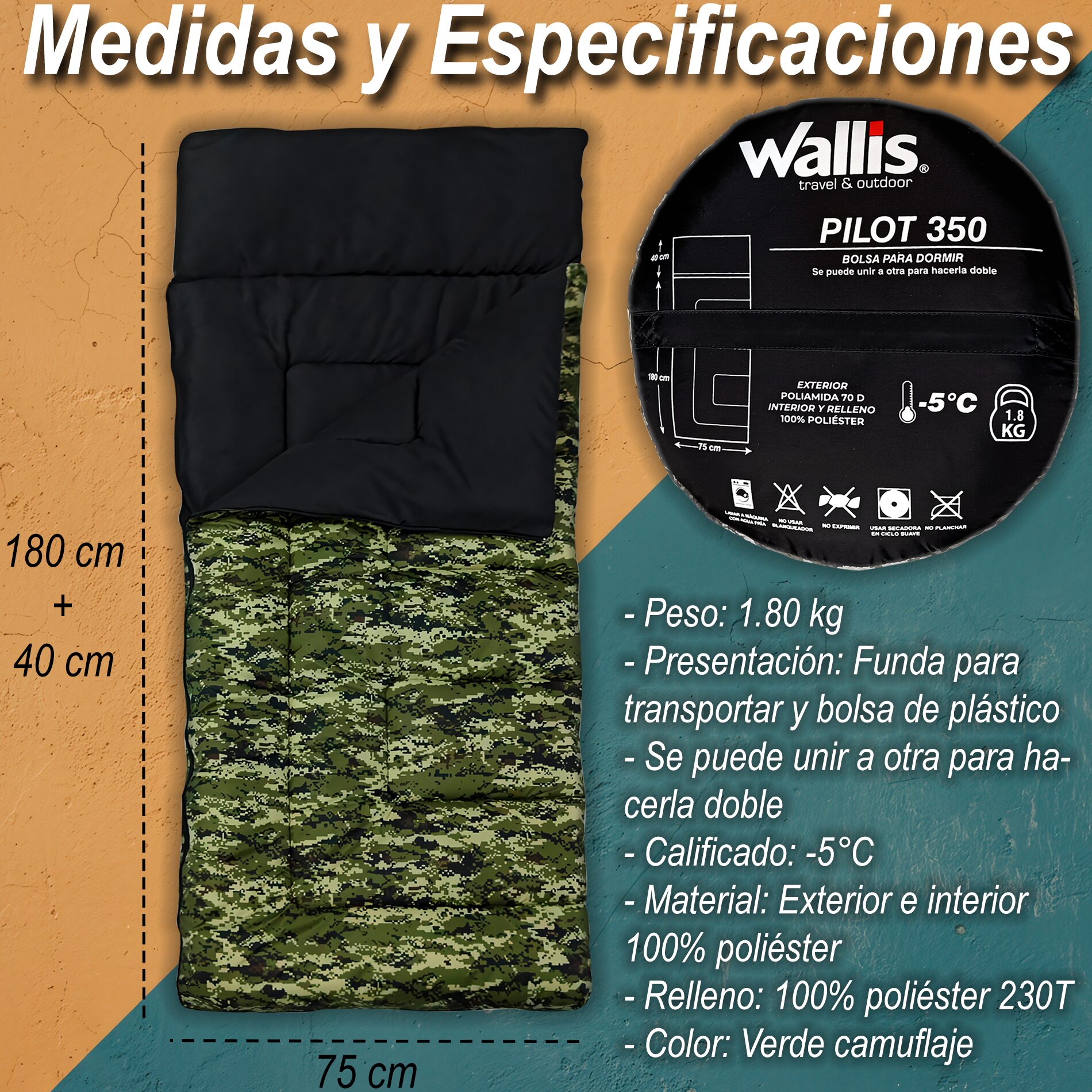 Bolsa De Dormir Pilot 350 marca Wallis color camuflaje para camping con temperatura de hasta -5°C