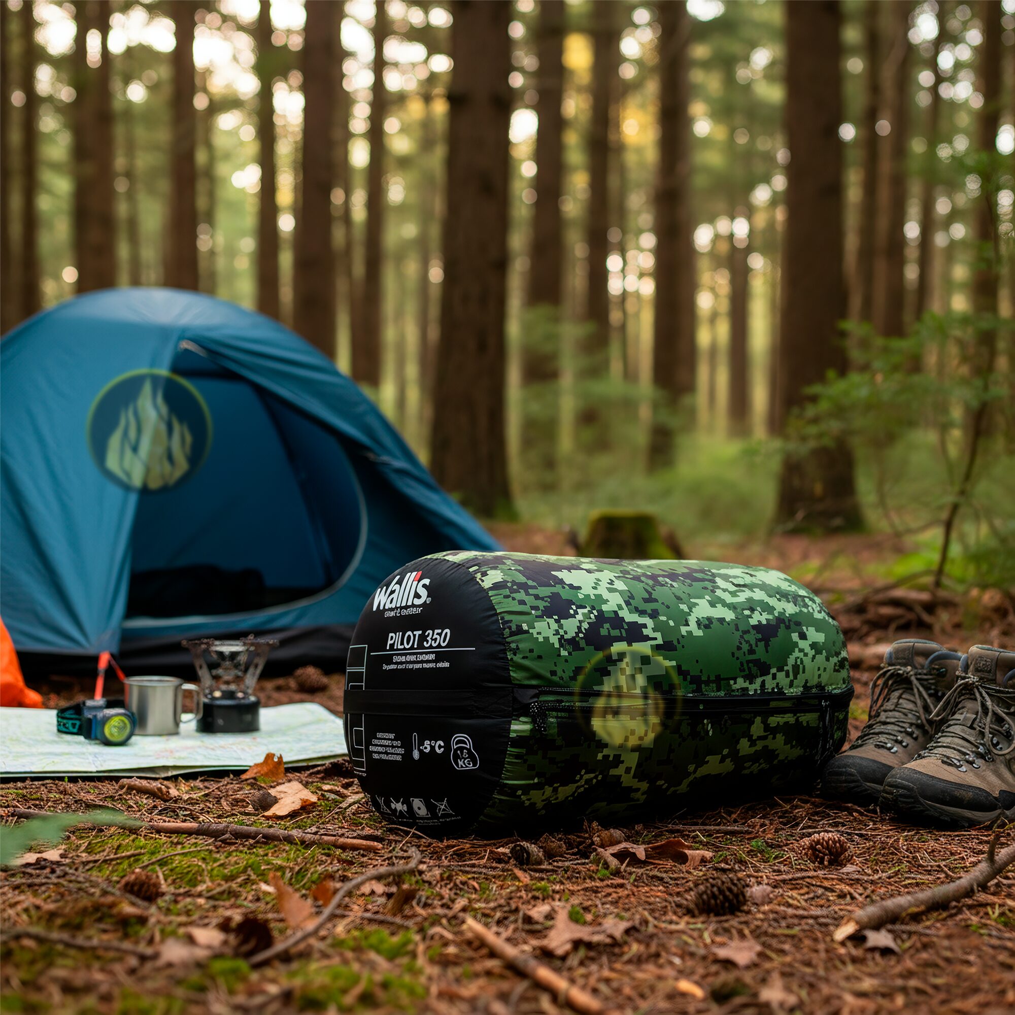 Bolsa De Dormir Pilot 350 marca Wallis color camuflaje para camping con temperatura de hasta -5°C