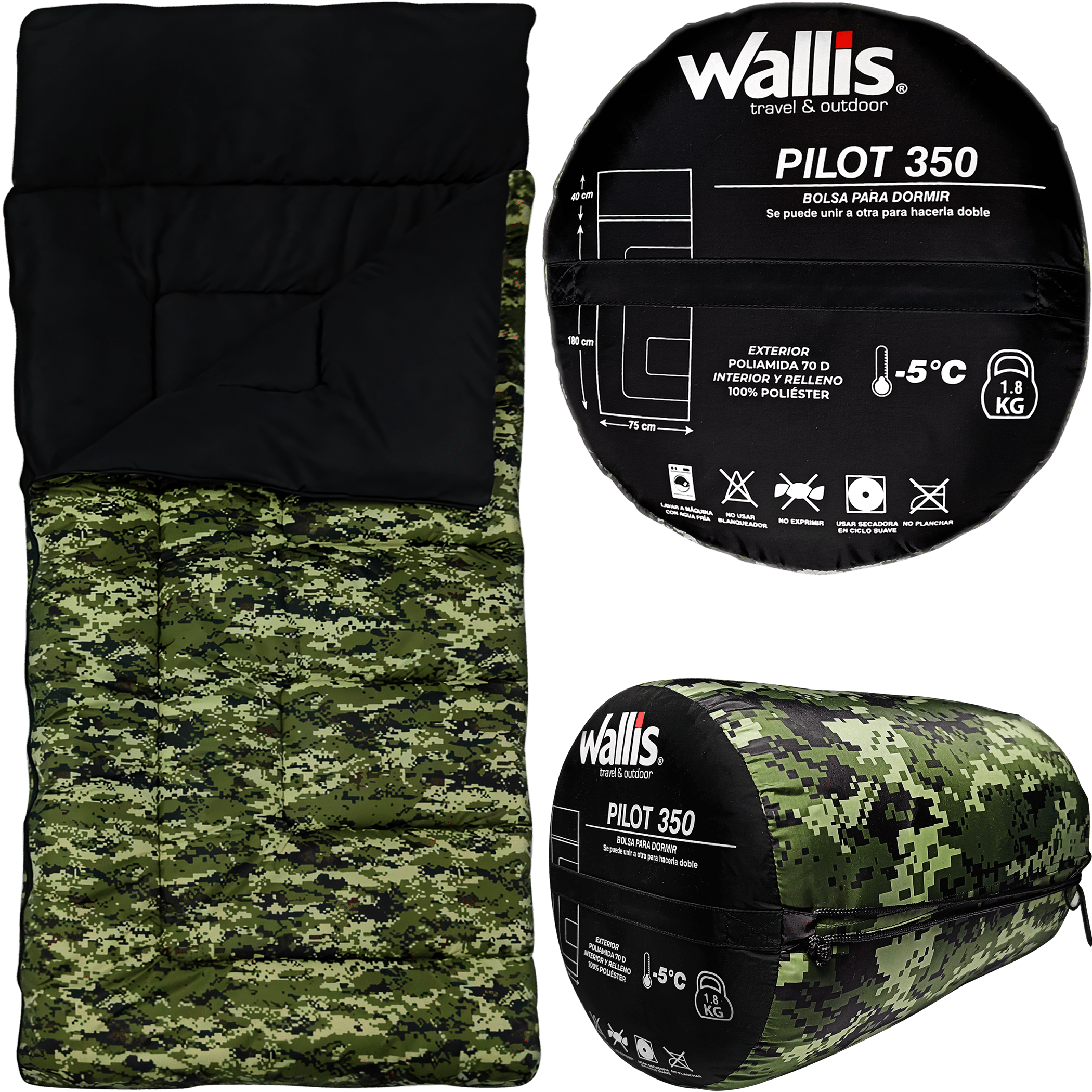 Bolsa De Dormir Pilot 350 marca Wallis color camuflaje para camping con temperatura de hasta -5°C