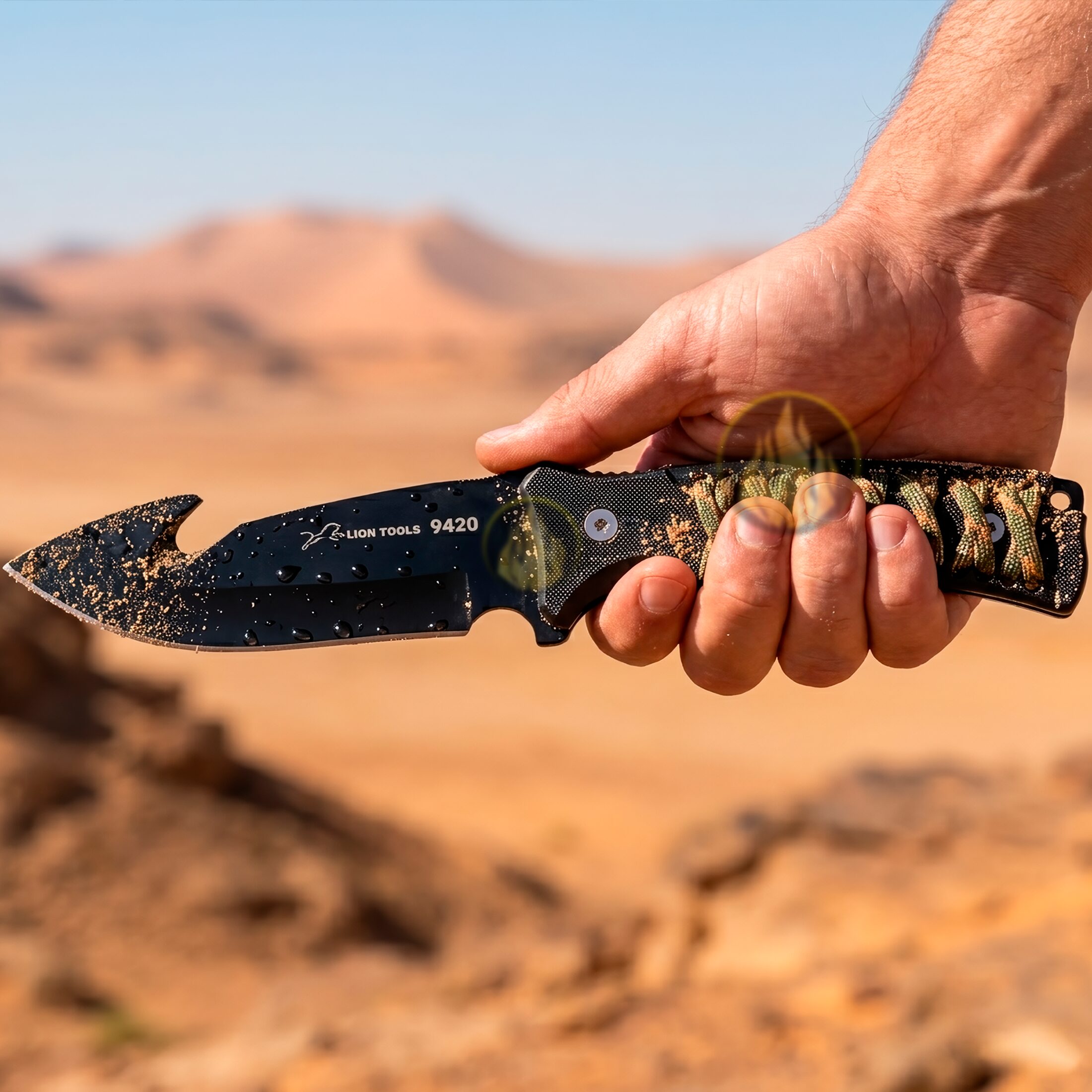 Cuchillo Caza Táctico con Funda marca Lion Tools acero inoxidable 420 hoja afilada con gancho para desollar mango ergonómico funda nylon para cinturón uso caza campismo supervivencia 9420 sujetando cuchillo en el desierto