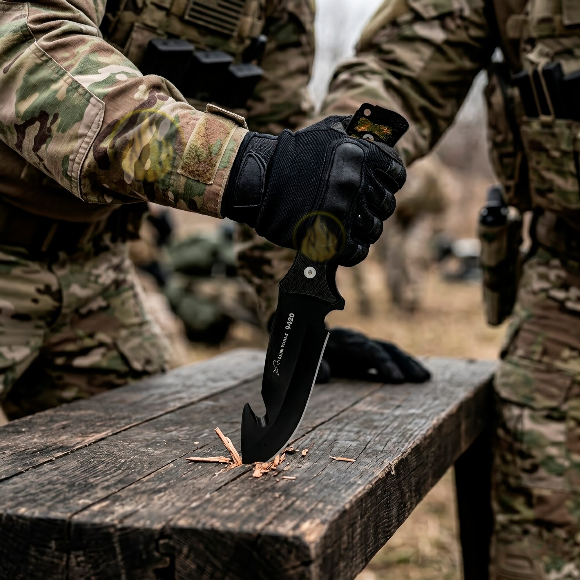 Cuchillo Caza Táctico con Funda marca Lion Tools acero inoxidable 420 hoja afilada con gancho para desollar mango ergonómico funda nylon para cinturón uso caza campismo supervivencia 9420 encajado en una mesa de madera