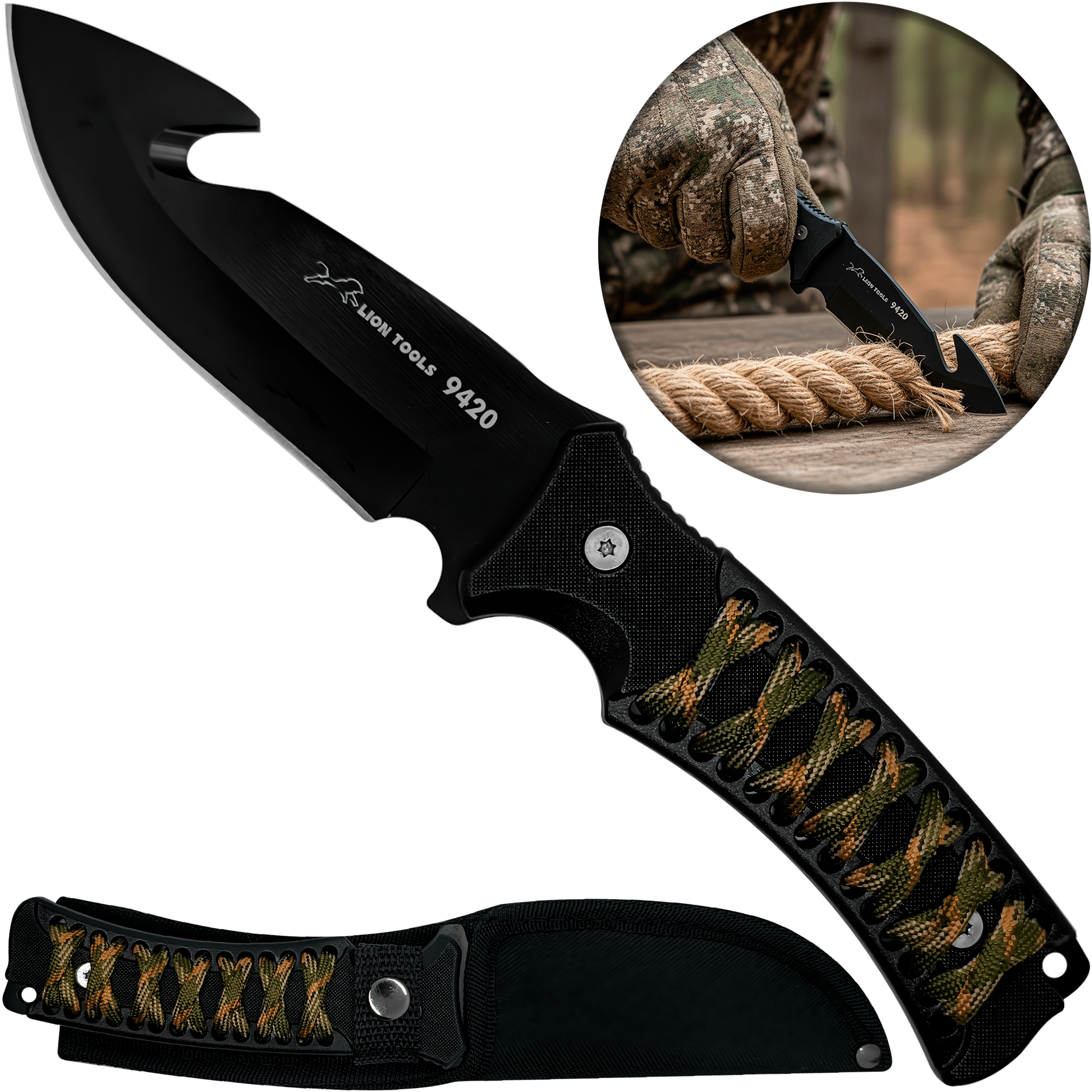 Cuchillo Caza Táctico con Funda marca Lion Tools acero inoxidable 420 hoja afilada con gancho para desollar mango ergonómico funda nylon para cinturón uso caza campismo supervivencia 9420