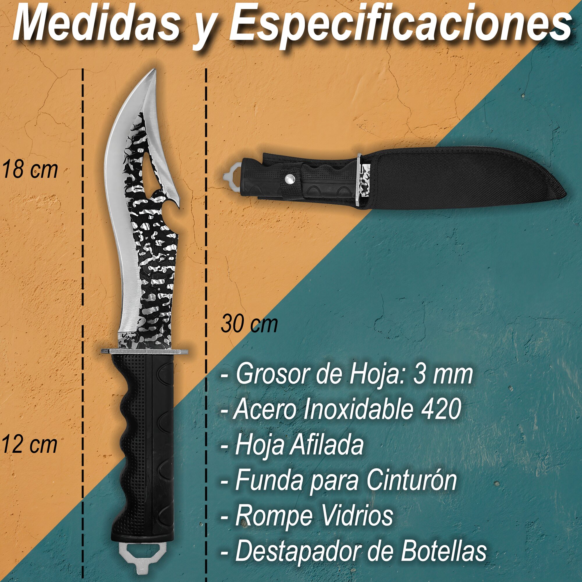 Cuchillo Curvo Caza Táctico Lion Tools acero inoxidable 420 con funda nylon medidas