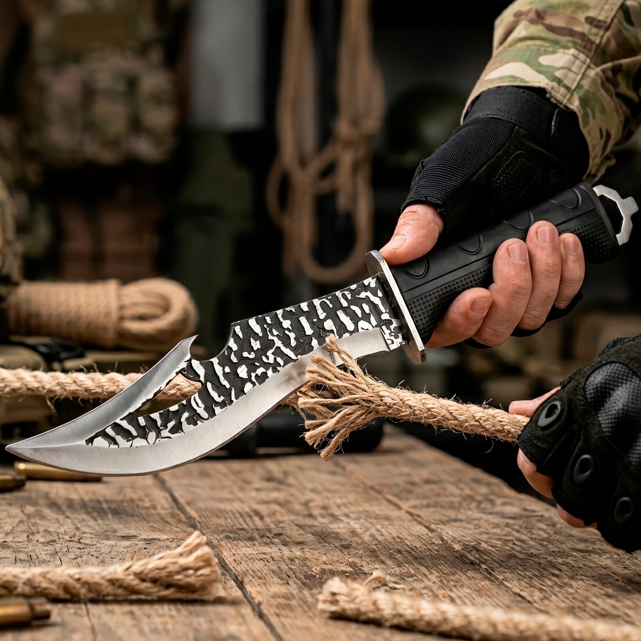 Cuchillo Curvo Caza Táctico Lion Tools acero inoxidable 420 con funda nylon cortando cuerda