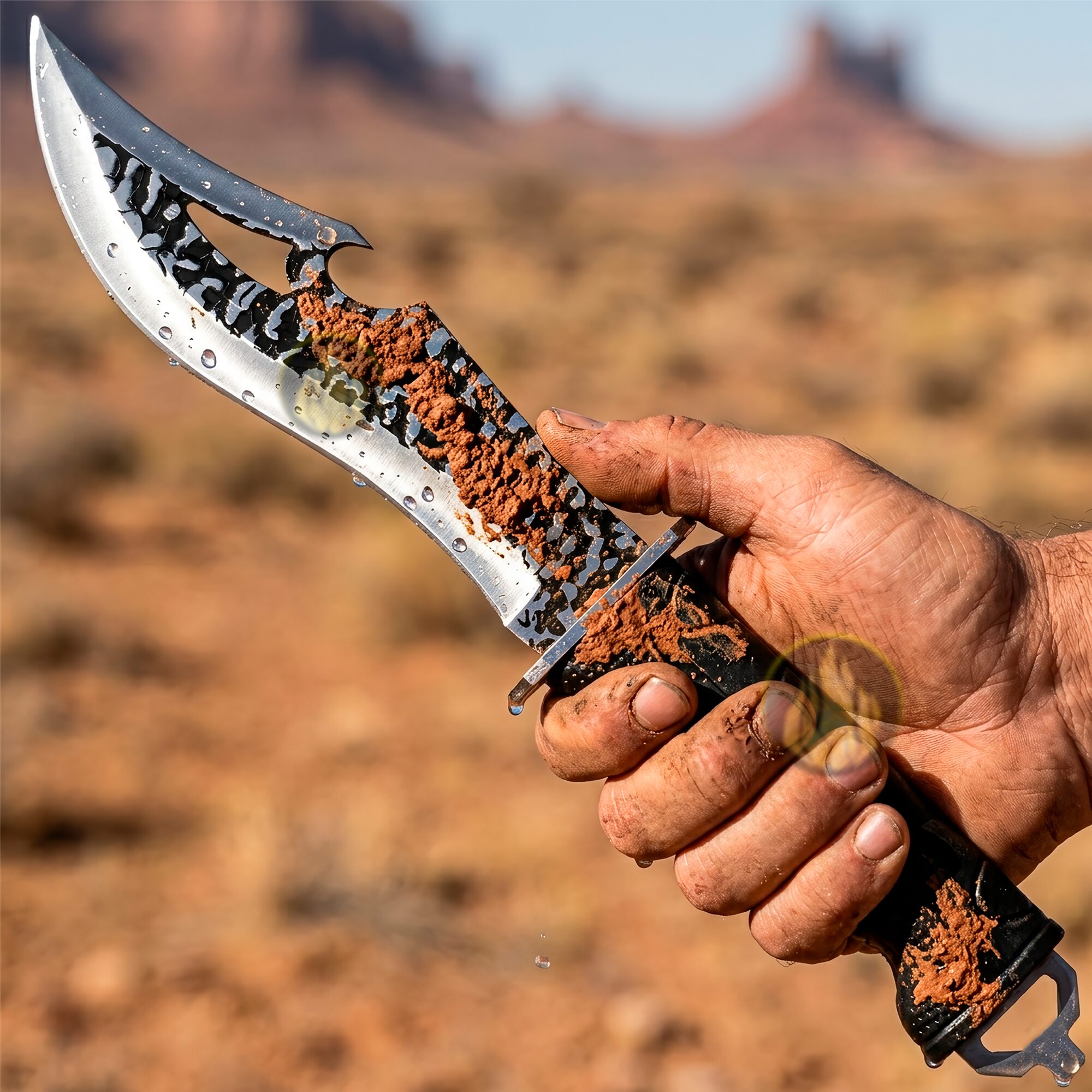 Cuchillo Curvo Caza Táctico Lion Tools acero inoxidable 420 con funda nylon sujetando cuchillo en el desierto