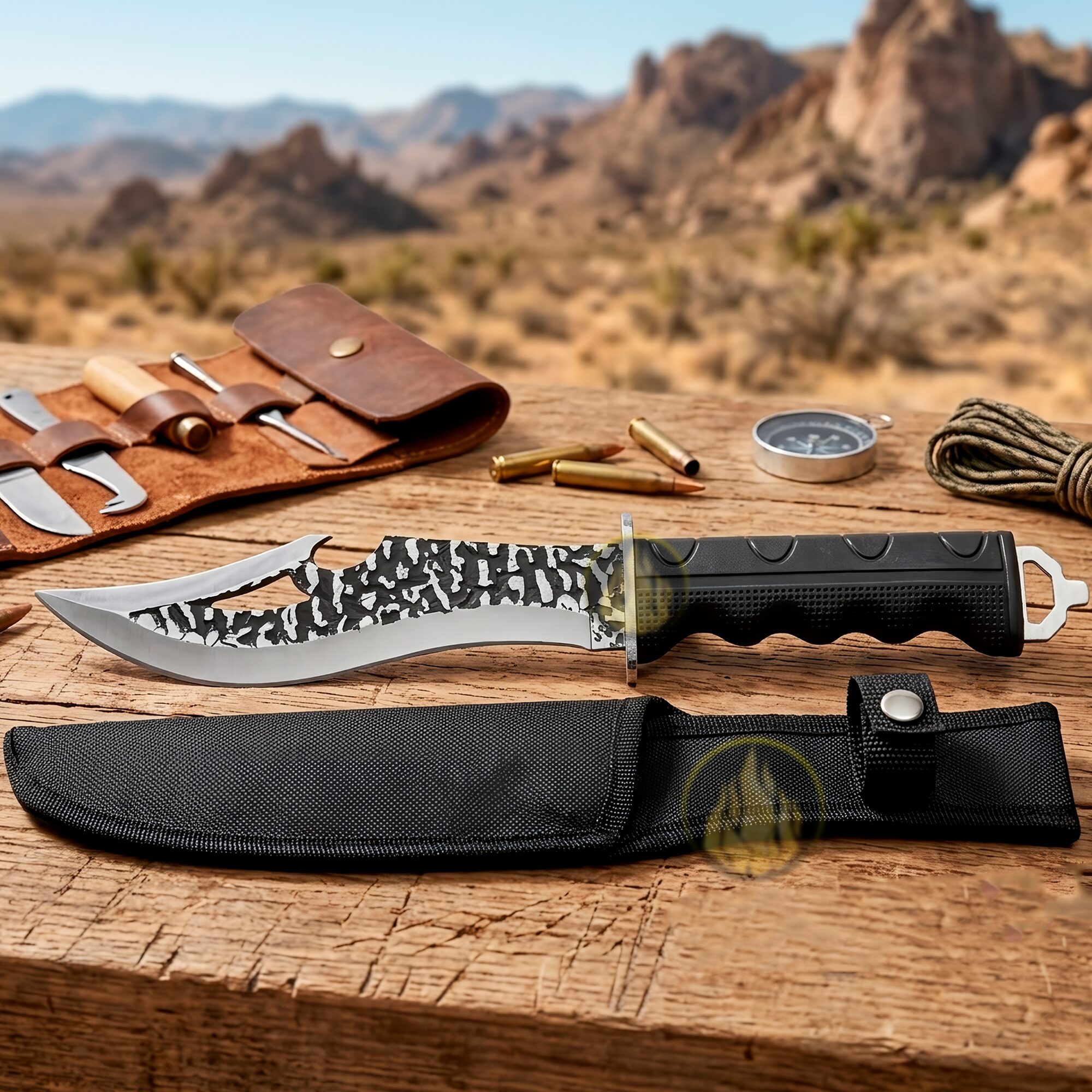 Cuchillo Curvo Caza Táctico Lion Tools acero inoxidable 420 con funda nylon exhibido en una mesa de madera